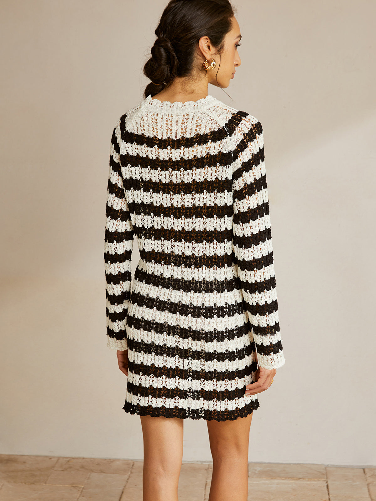 Callistari Striped Lettuce Trim Hollow Sweater-CALLISTARI