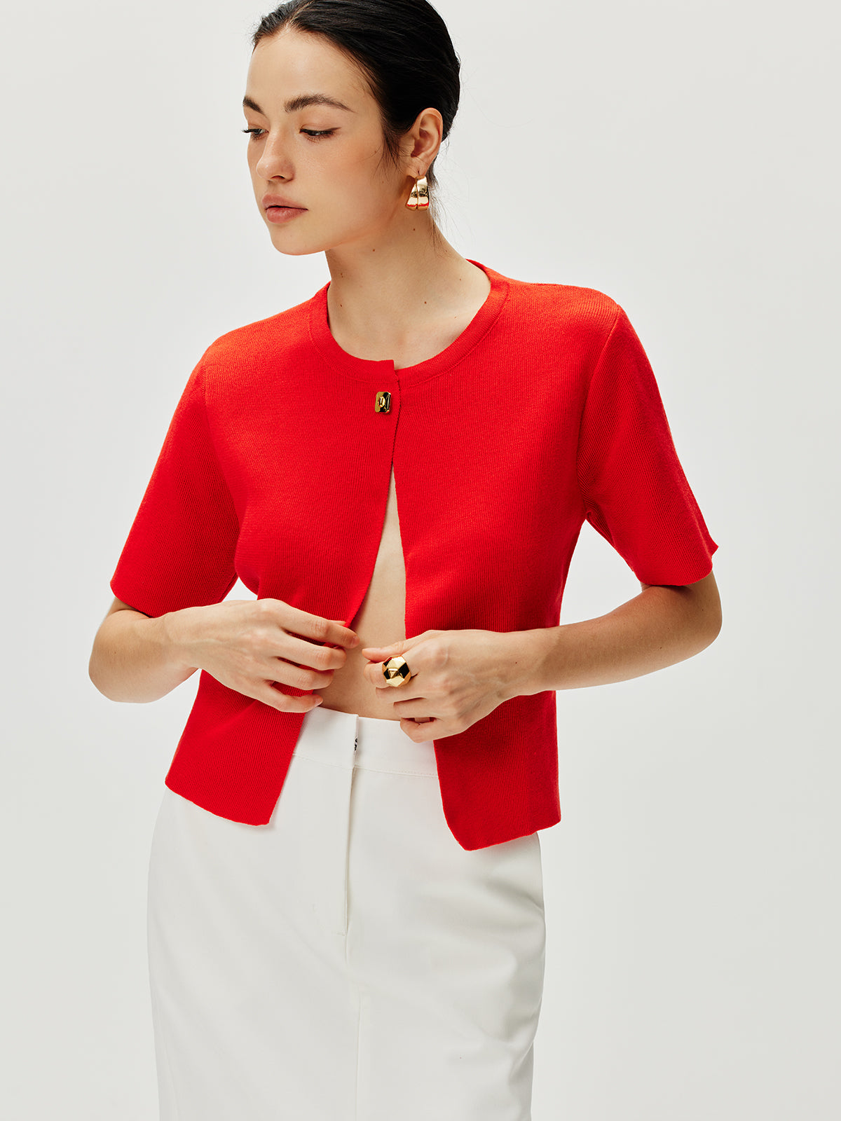 Callistari Short Sleeve Button Knit Top-CALLISTARI