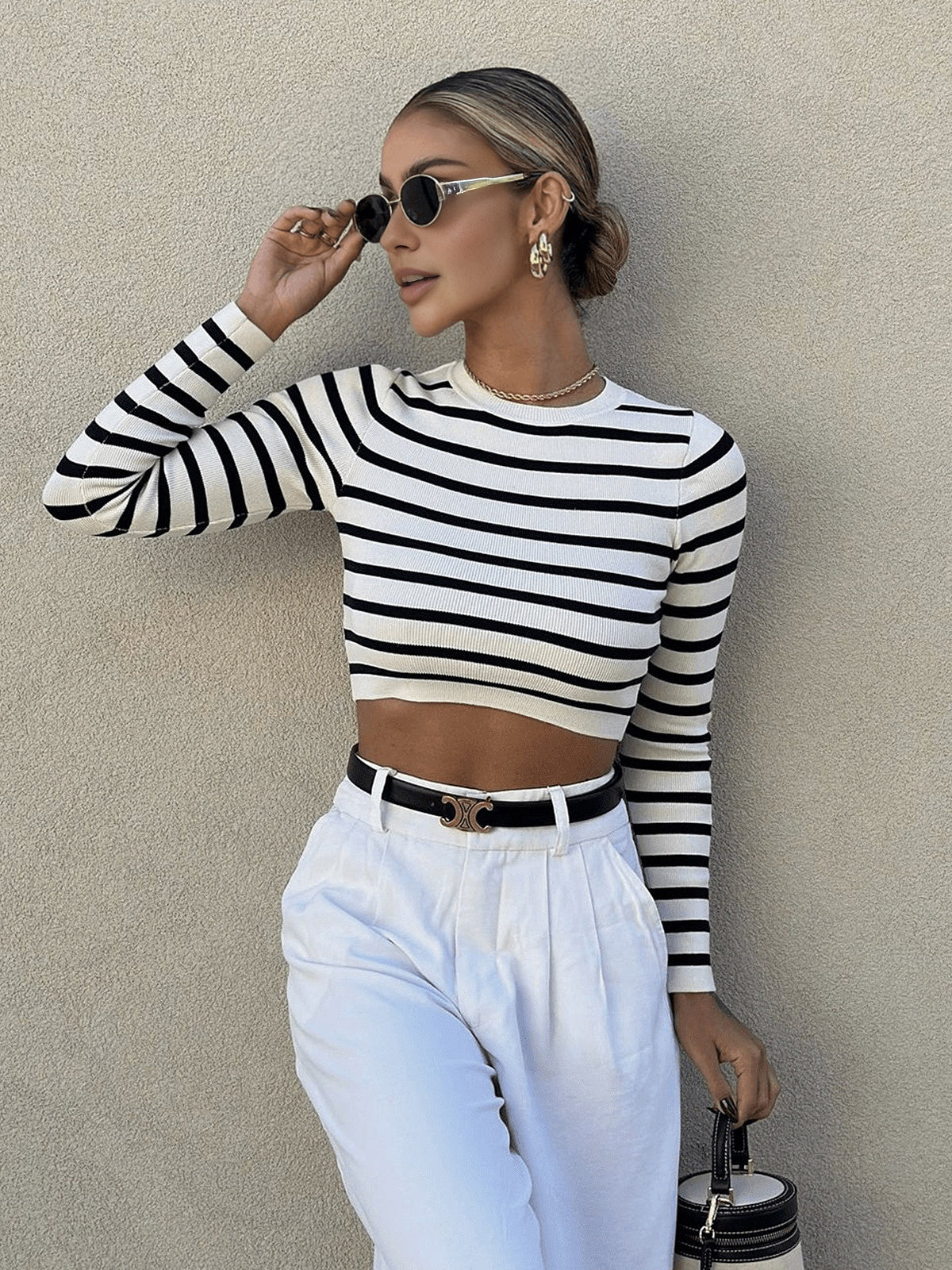Callistari Striped Crop Bodycon Knit Top-CALLISTARI