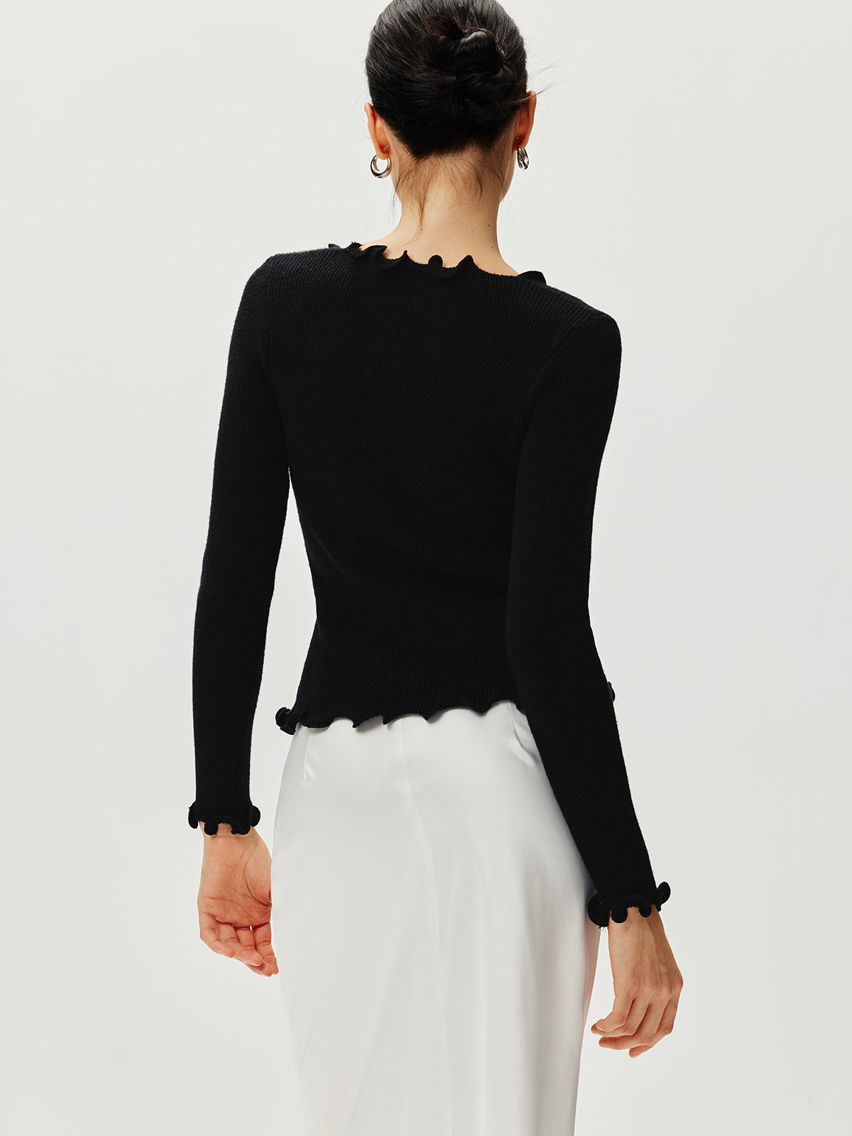 Callistari Rhinestone Bow Lettuce Trim Sweater-CALLISTARI