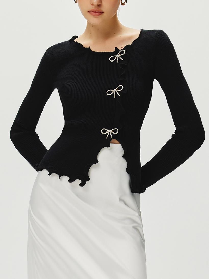 Callistari Rhinestone Bow Lettuce Trim Sweater-CALLISTARI