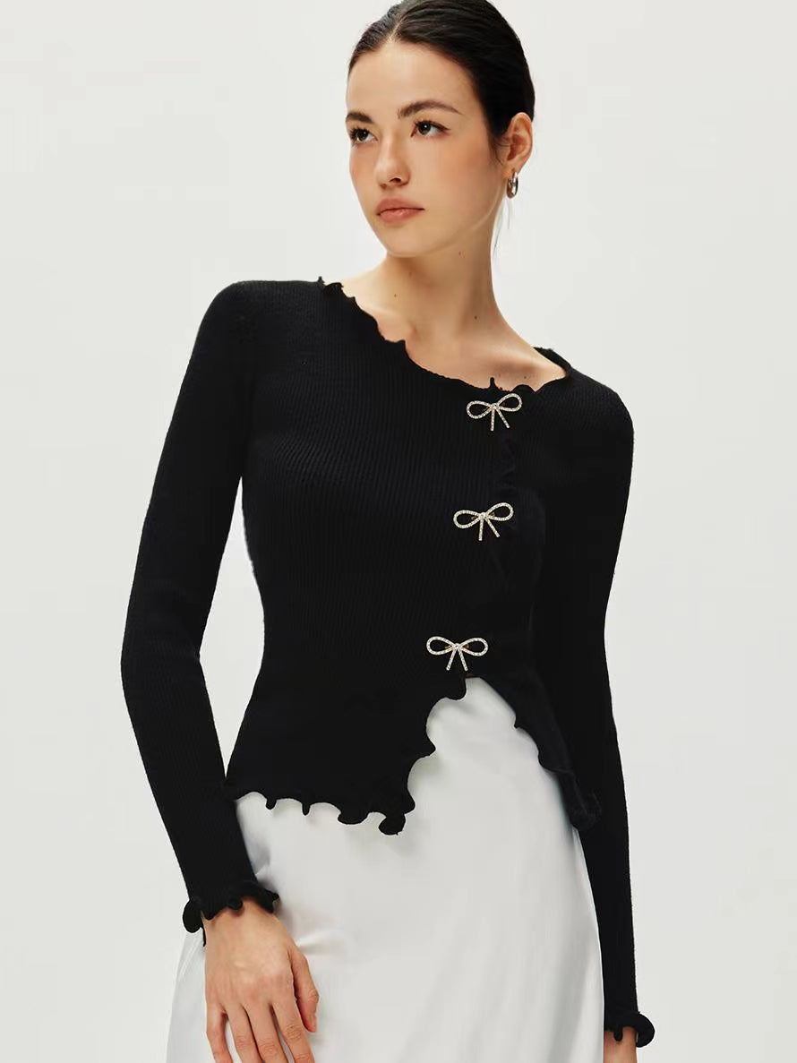 Callistari Rhinestone Bow Lettuce Trim Sweater-CALLISTARI