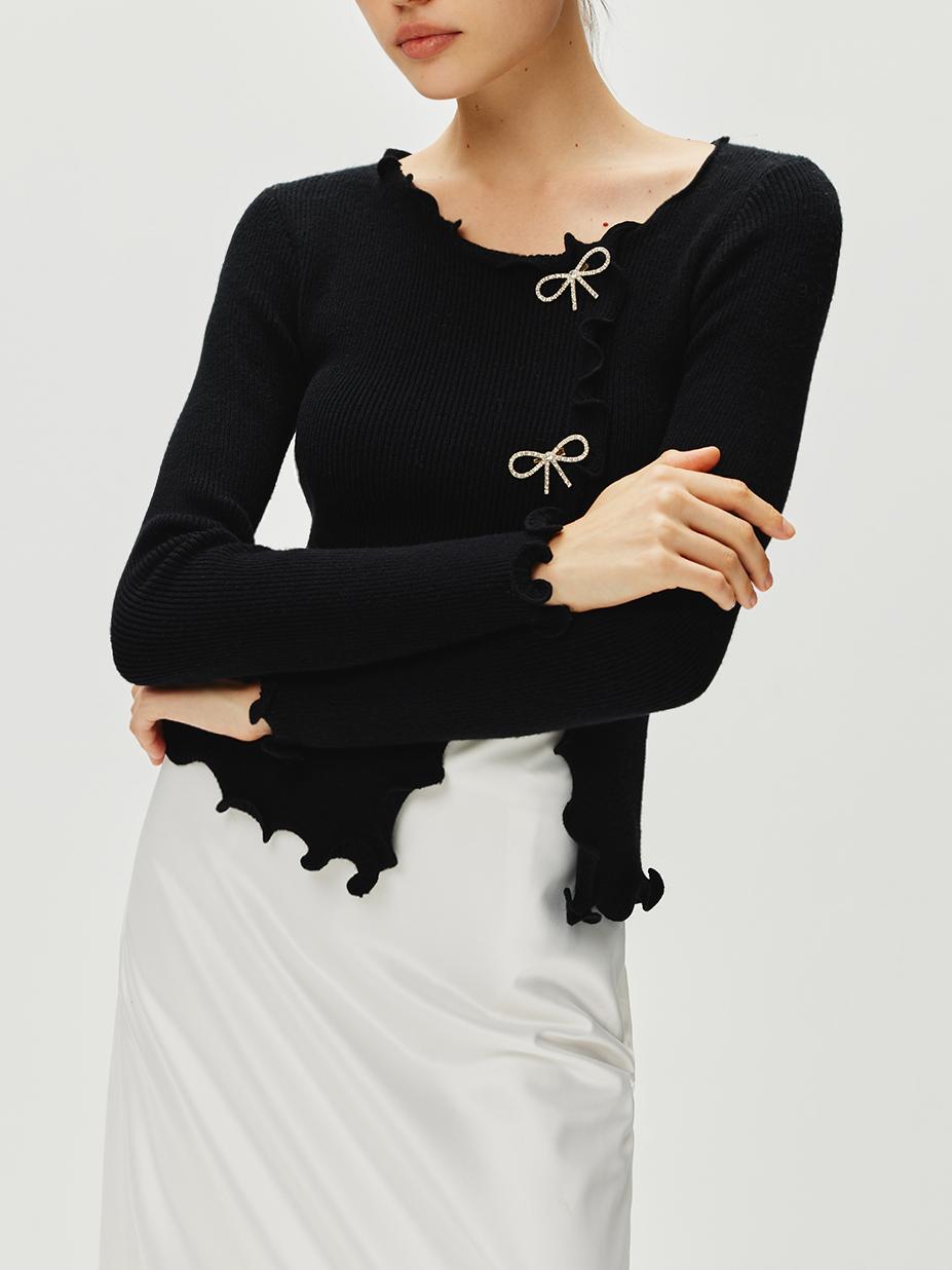 Callistari Rhinestone Bow Lettuce Trim Sweater-CALLISTARI