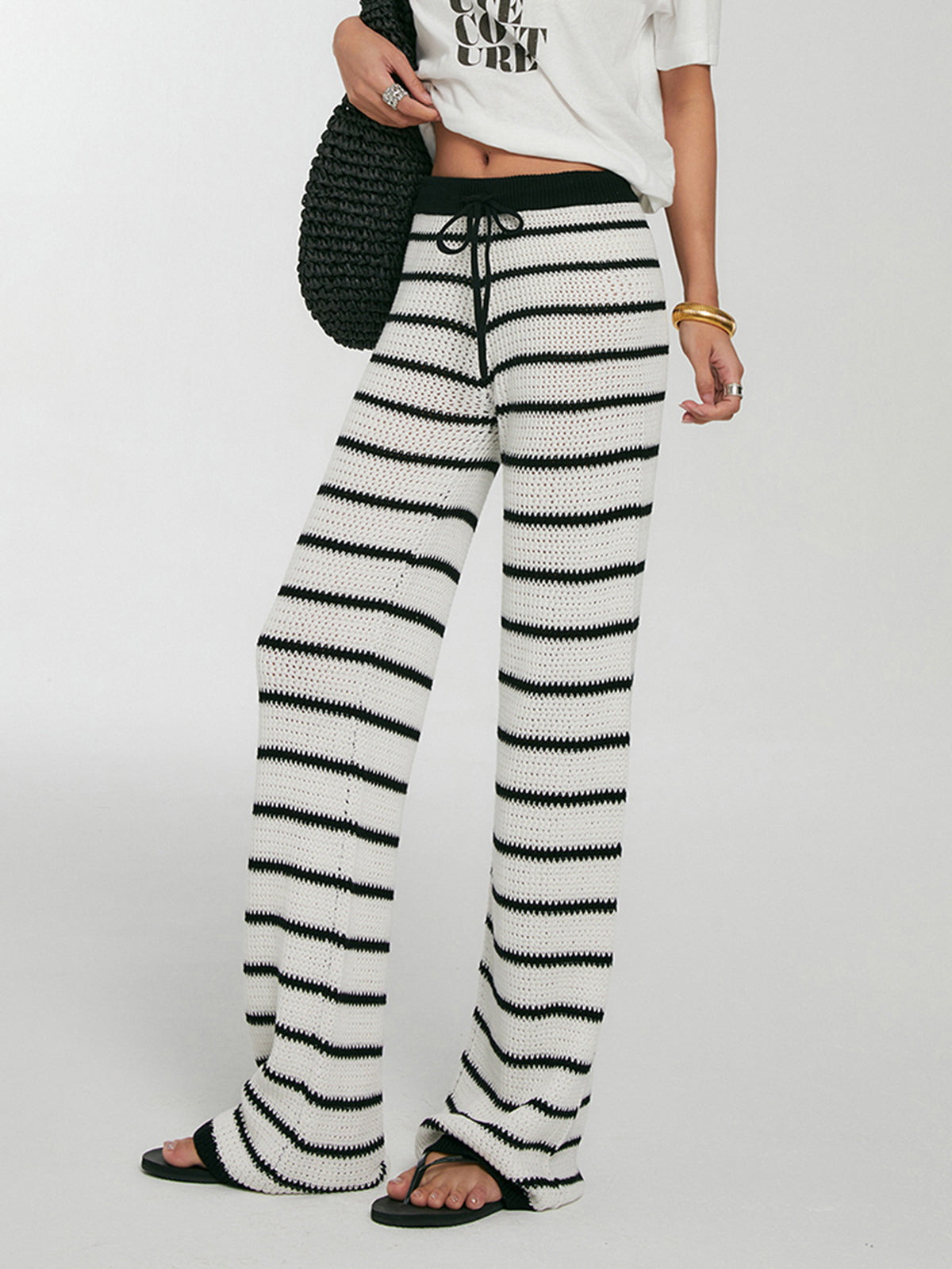 Striped Drawstring Knit Pants-Mesadic
