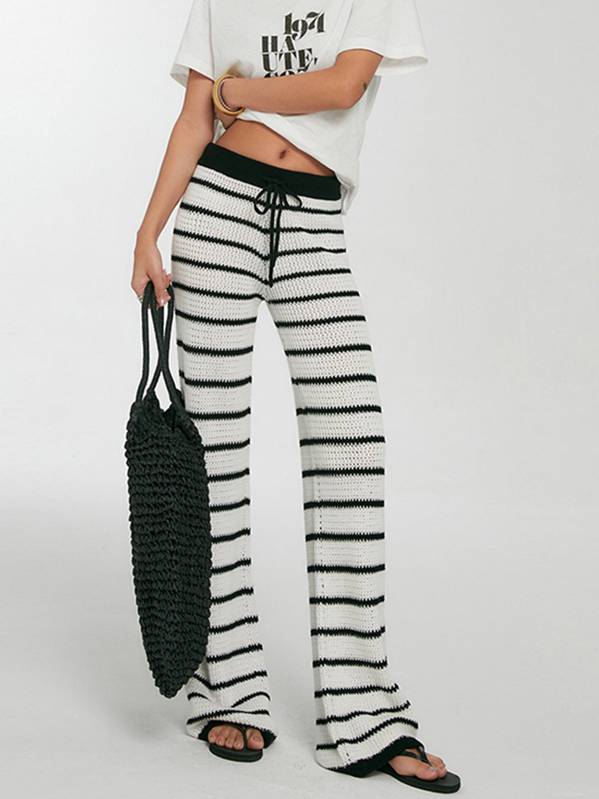 Striped Drawstring Knit Pants-Mesadic
