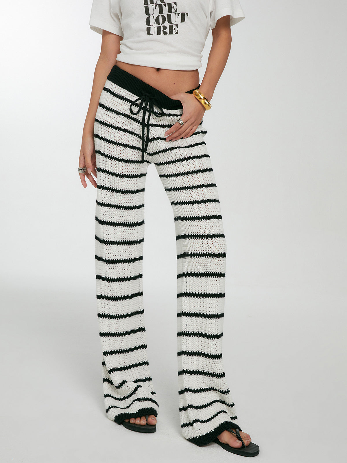 Striped Drawstring Knit Pants-Mesadic