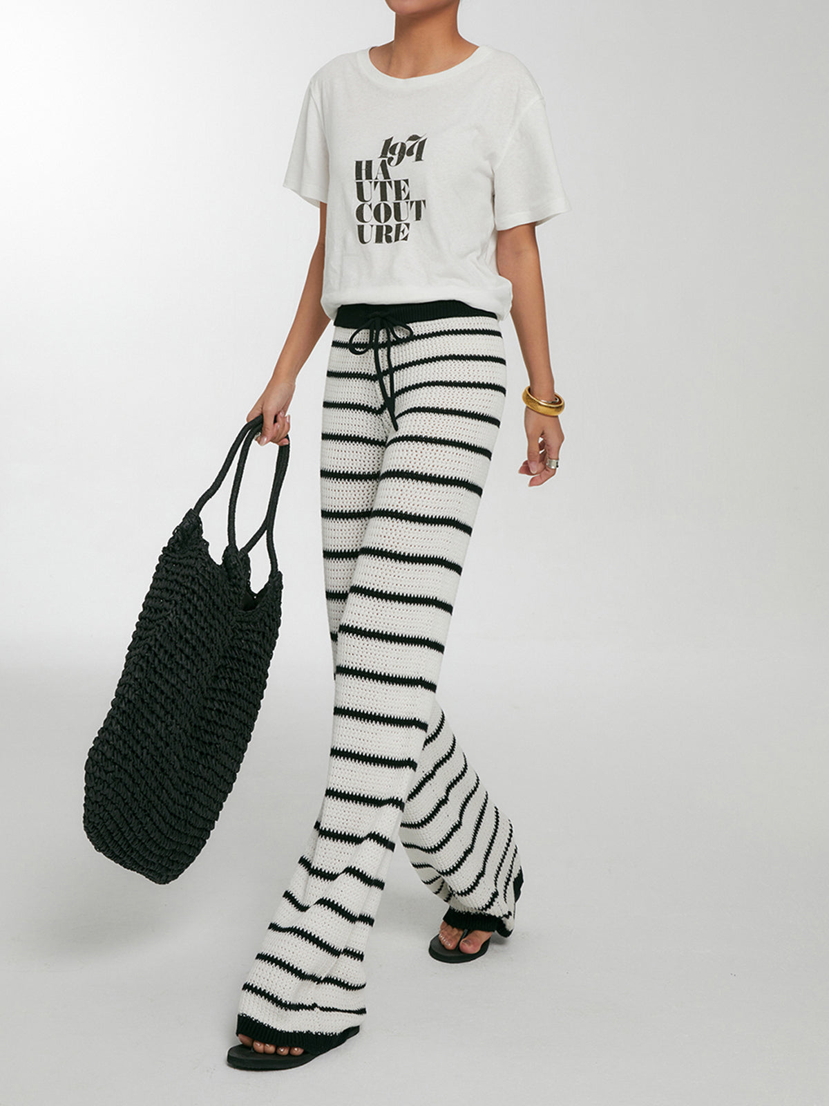 Striped Drawstring Knit Pants-Mesadic