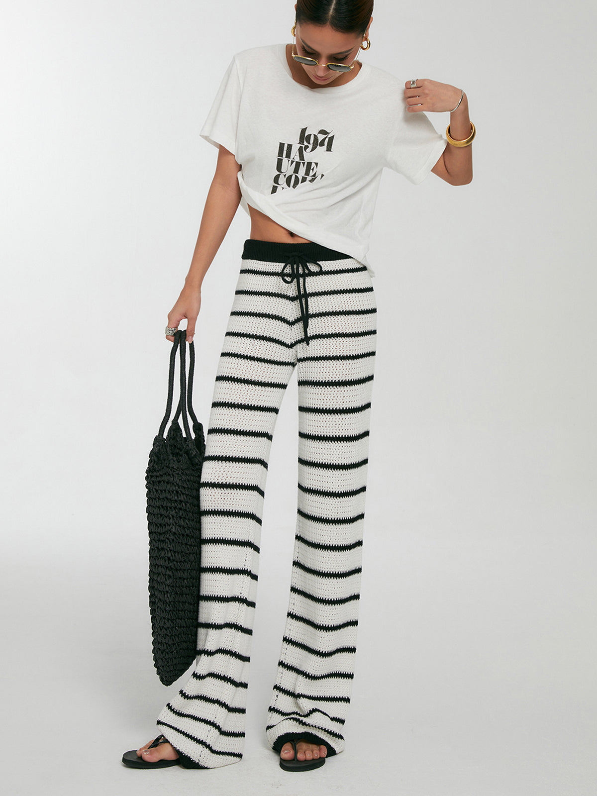Striped Drawstring Knit Pants-Mesadic
