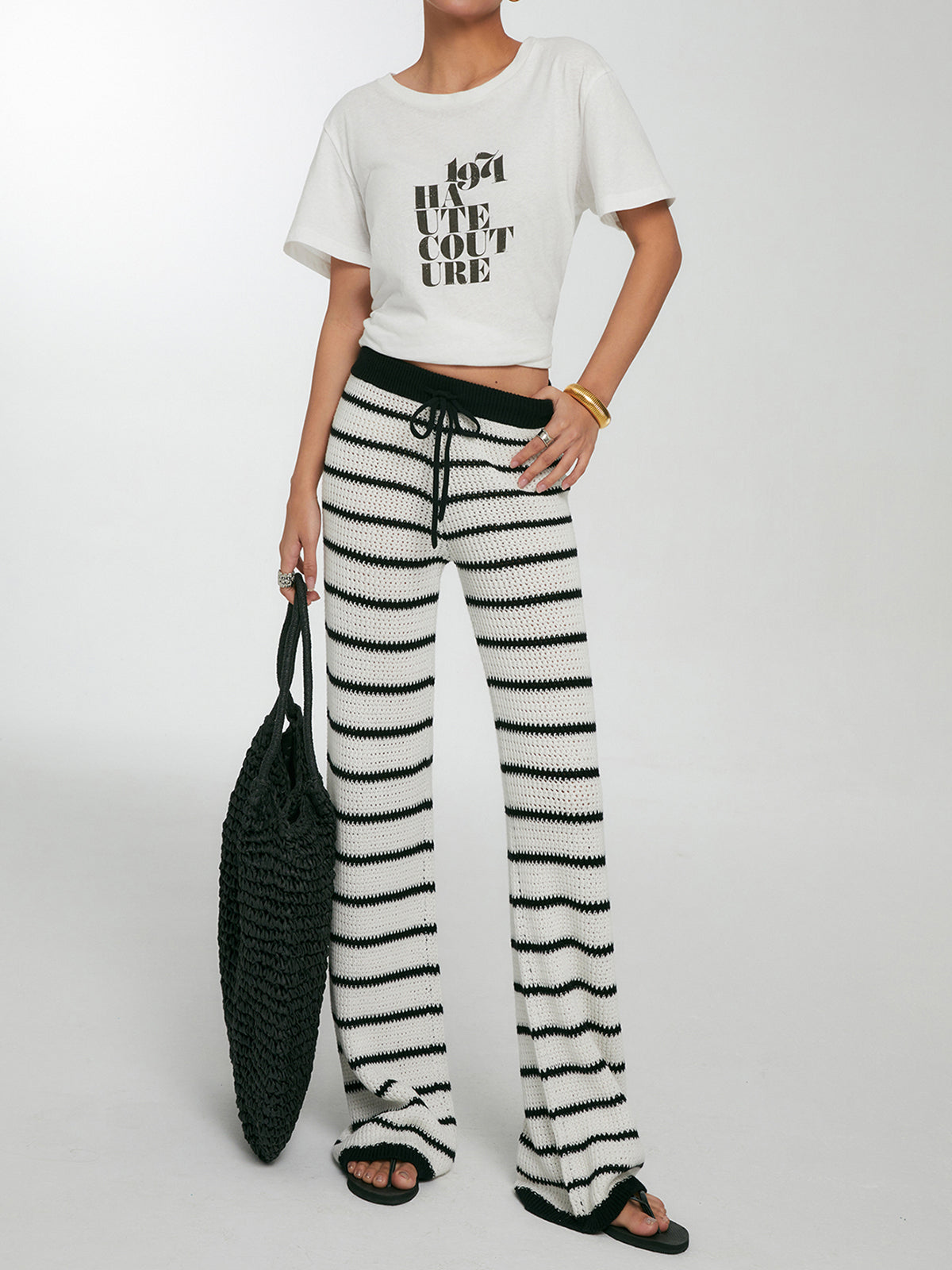 Striped Drawstring Knit Pants-Mesadic