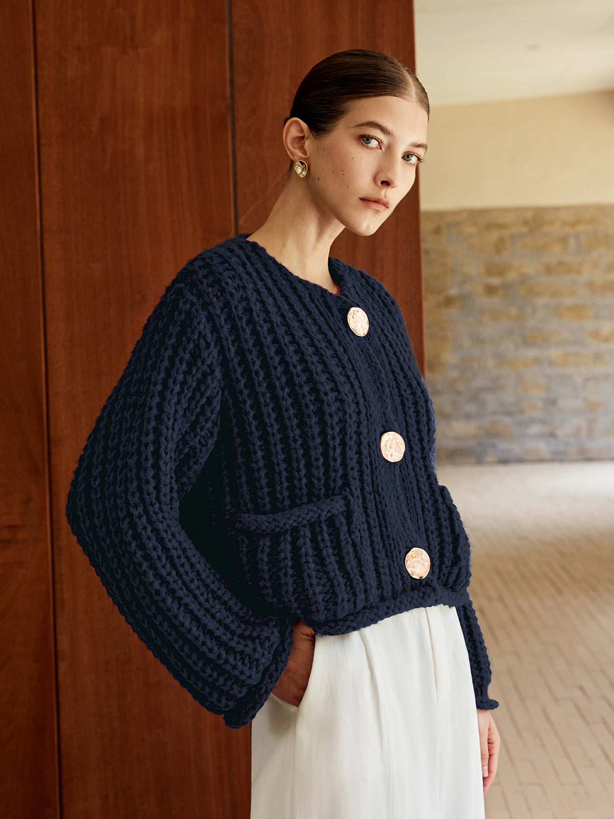 Trafni Plain Button Knit Cardigan-Mesadic