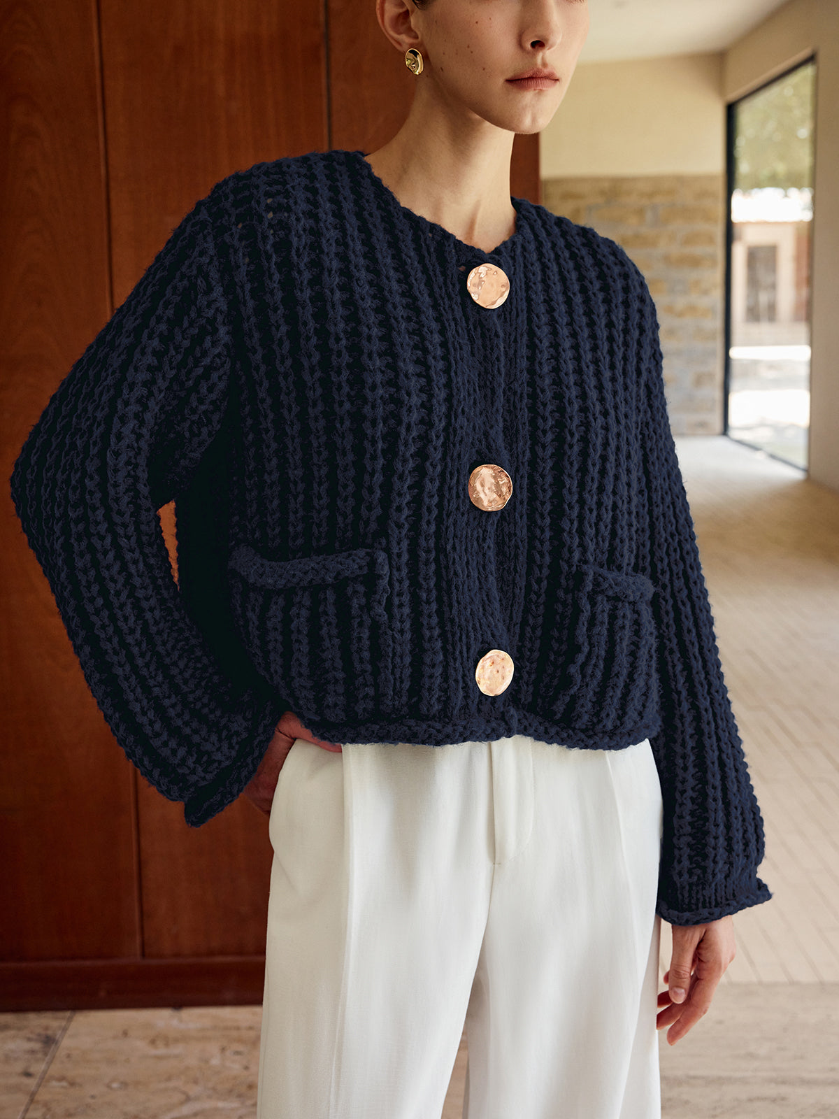 Trafni Plain Button Knit Cardigan-Mesadic