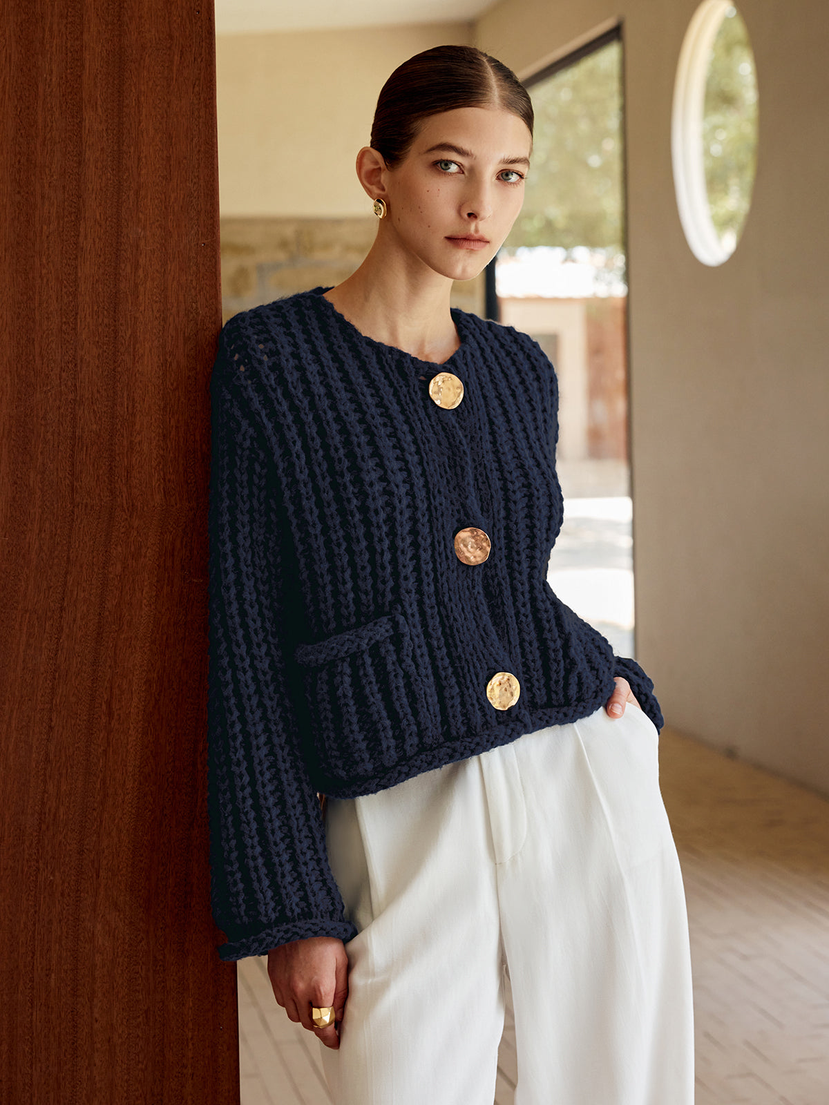 Trafni Plain Button Knit Cardigan-Mesadic