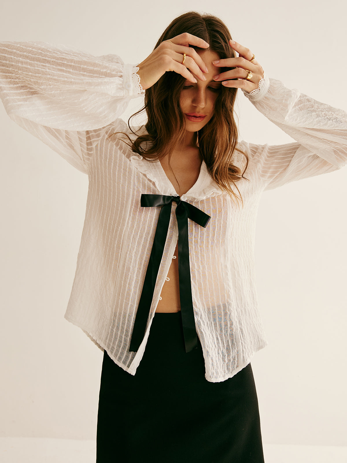 Callistari Ruffle Neck Pinstripe Semi-Sheer Shirt-CALLISTARI
