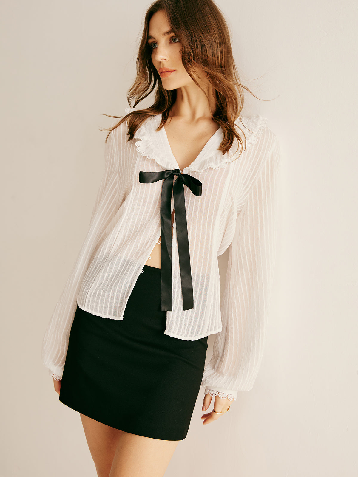 Callistari Ruffle Neck Pinstripe Semi-Sheer Shirt-CALLISTARI