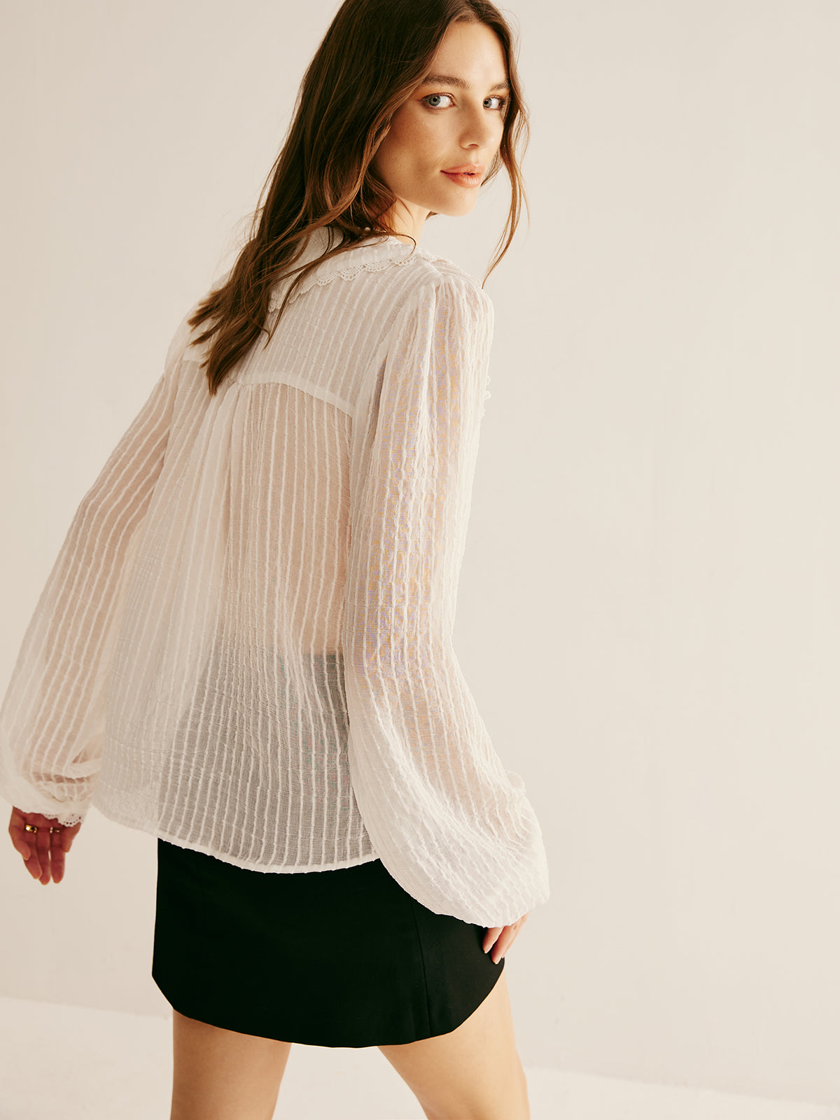 Callistari Ruffle Neck Pinstripe Semi-Sheer Shirt-CALLISTARI