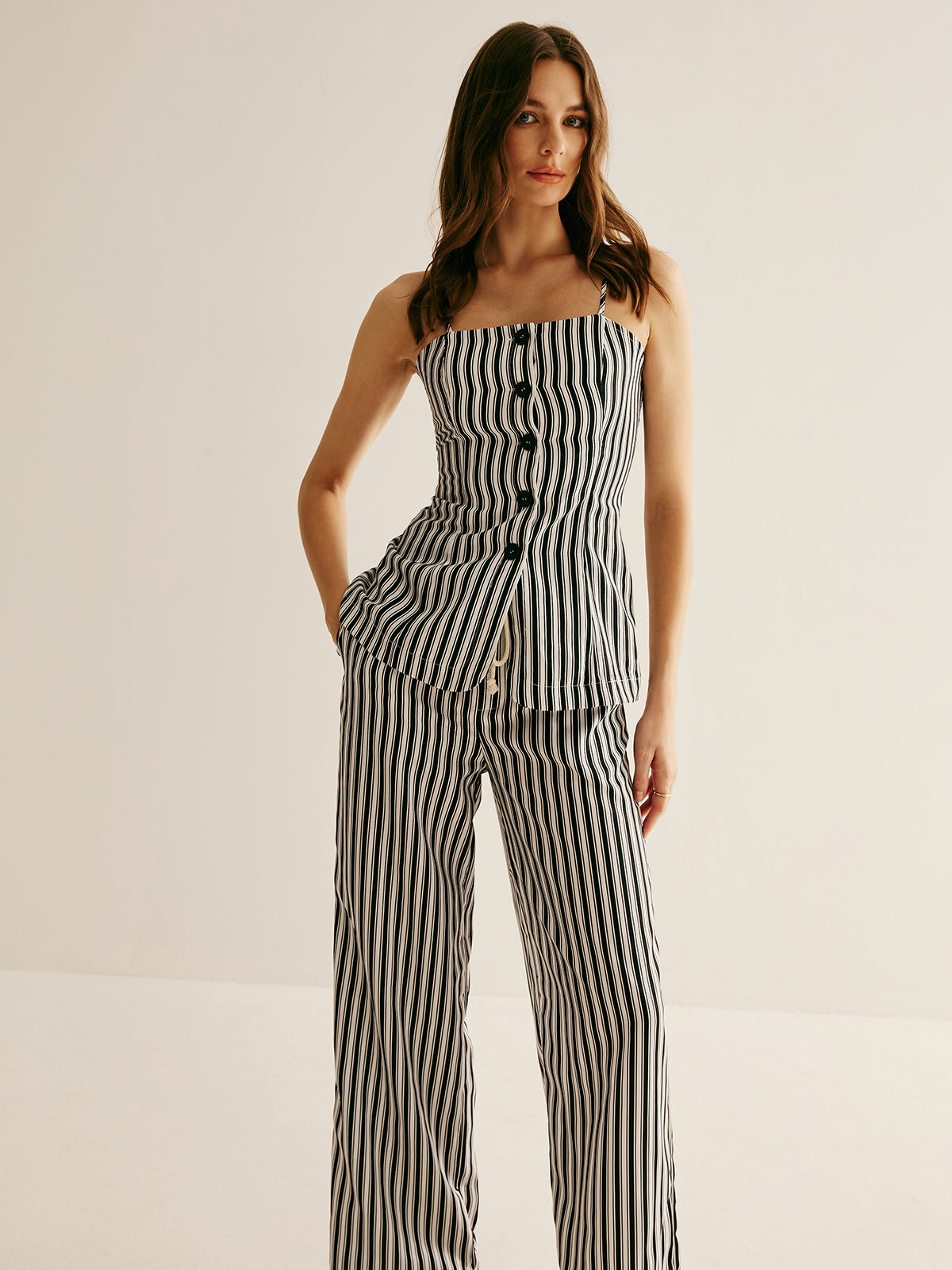 Pinstripe Button Strapless Pants Set-CALLISTARI