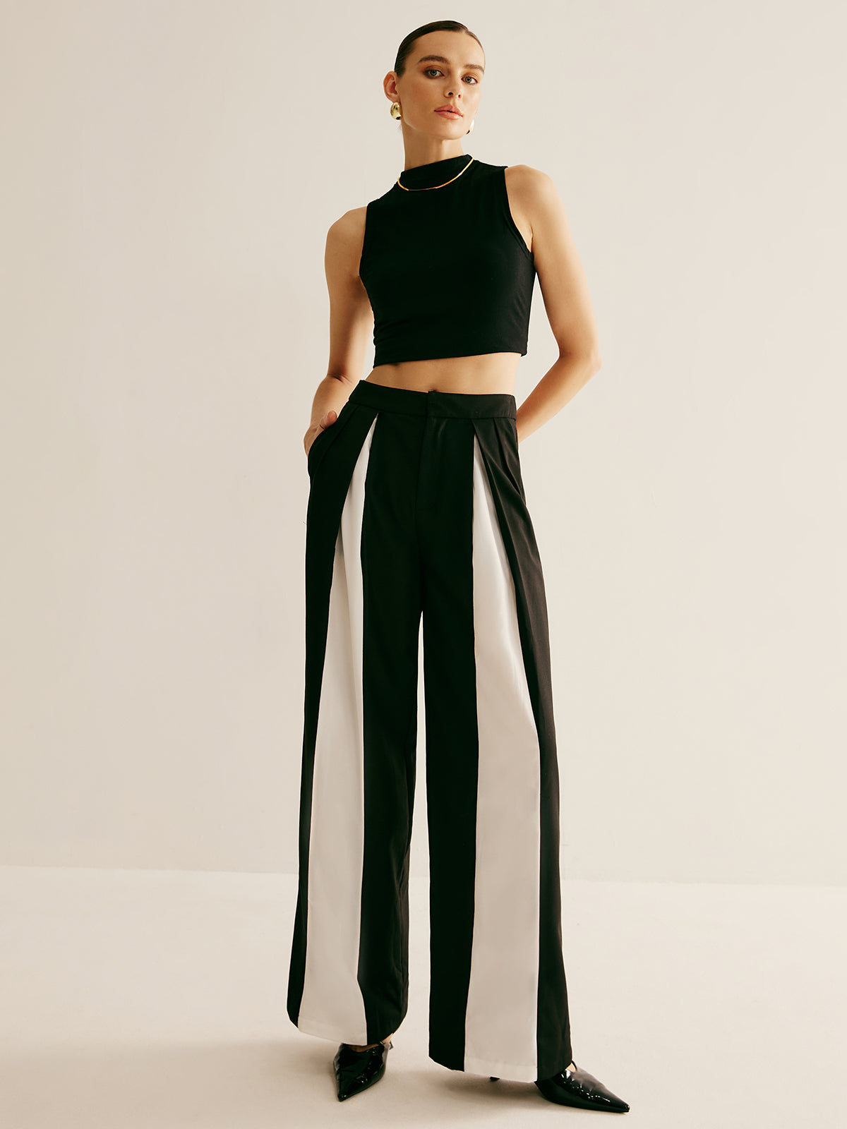 Pleated Patchwork Wide-Leg Pants-CALLISTARI