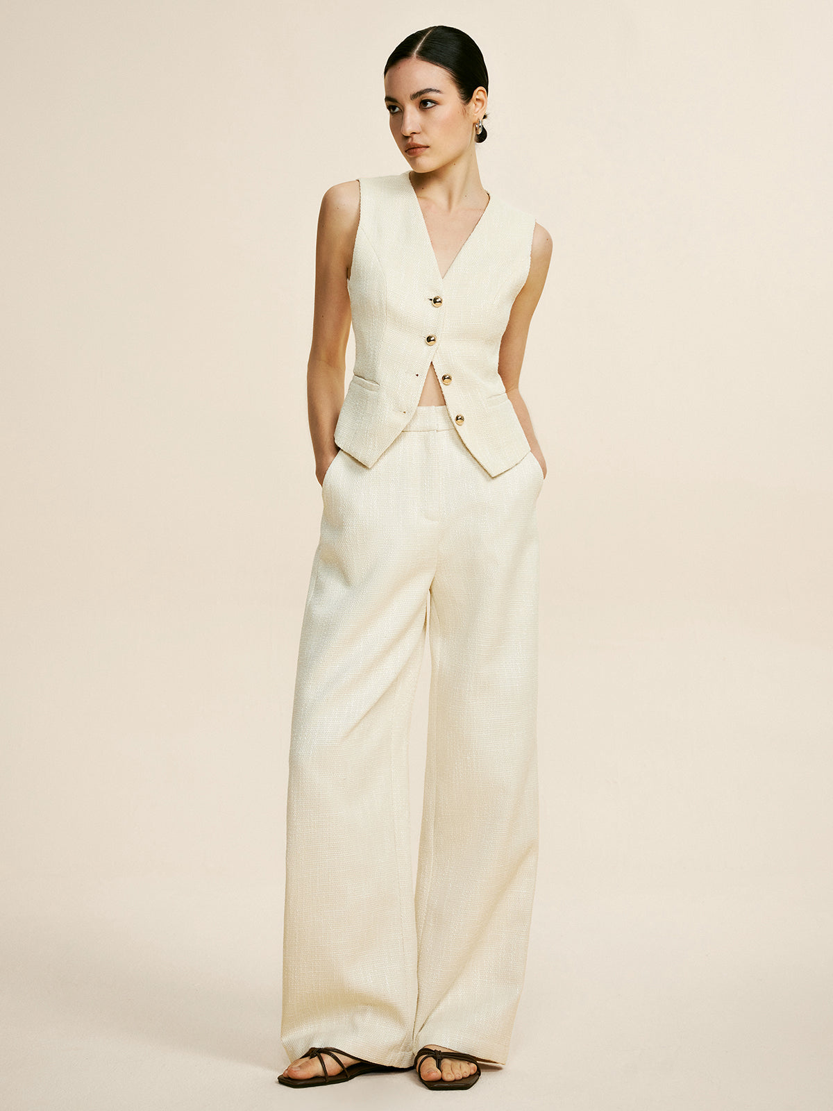 Tweed Sleeveless Baggy Pants Set-CALLISTARI