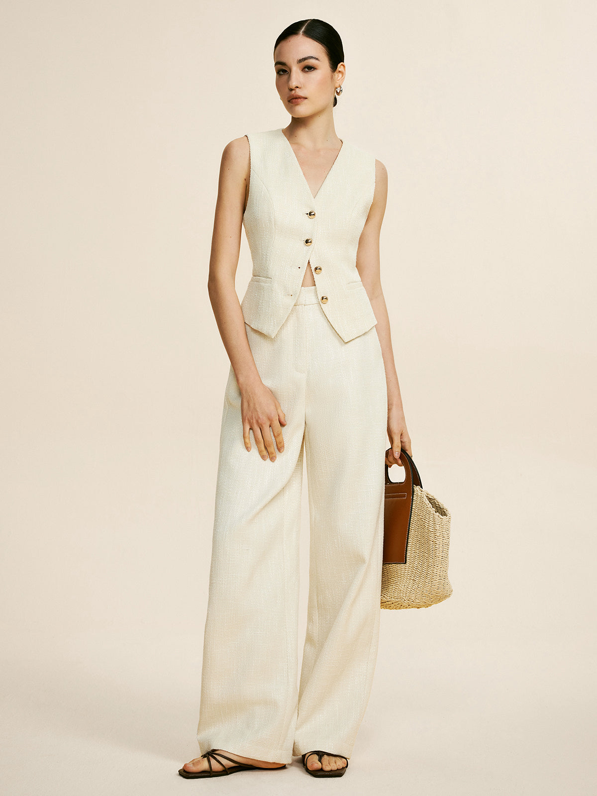 Tweed Sleeveless Baggy Pants Set-CALLISTARI