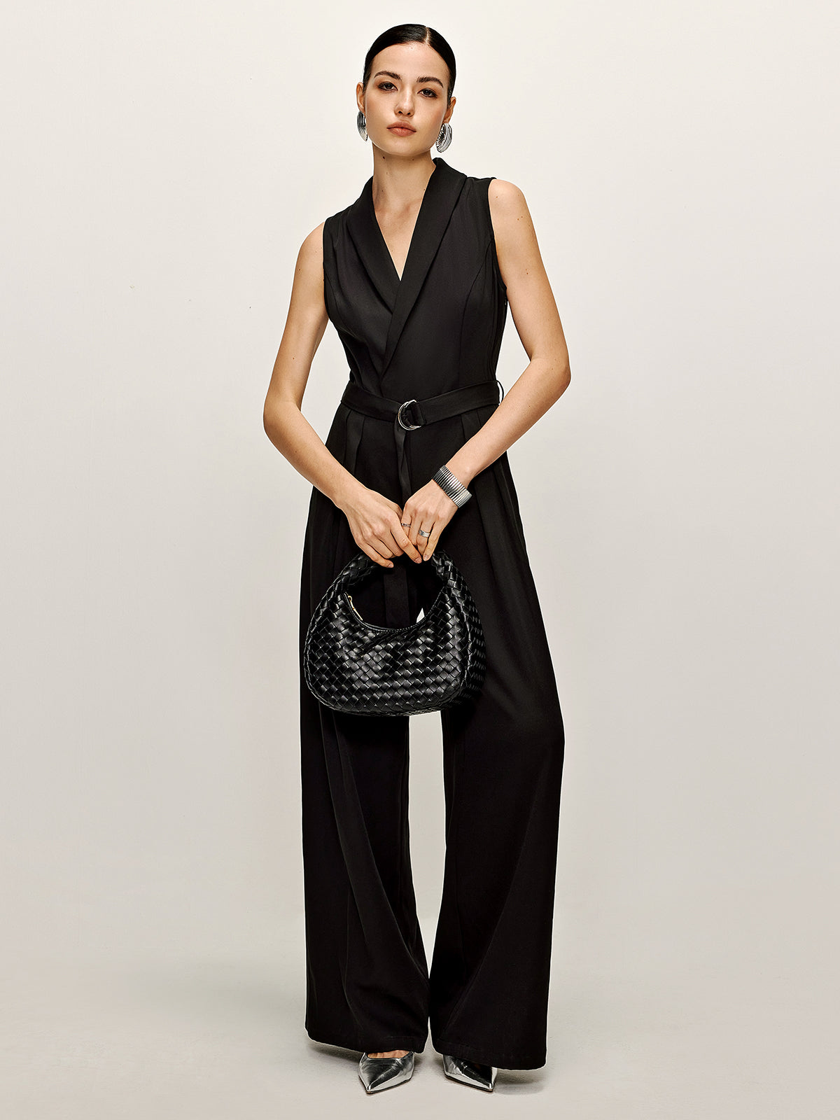 Callistari Plain Panel Sleeveless Belted Jumpsuit-CALLISTARI