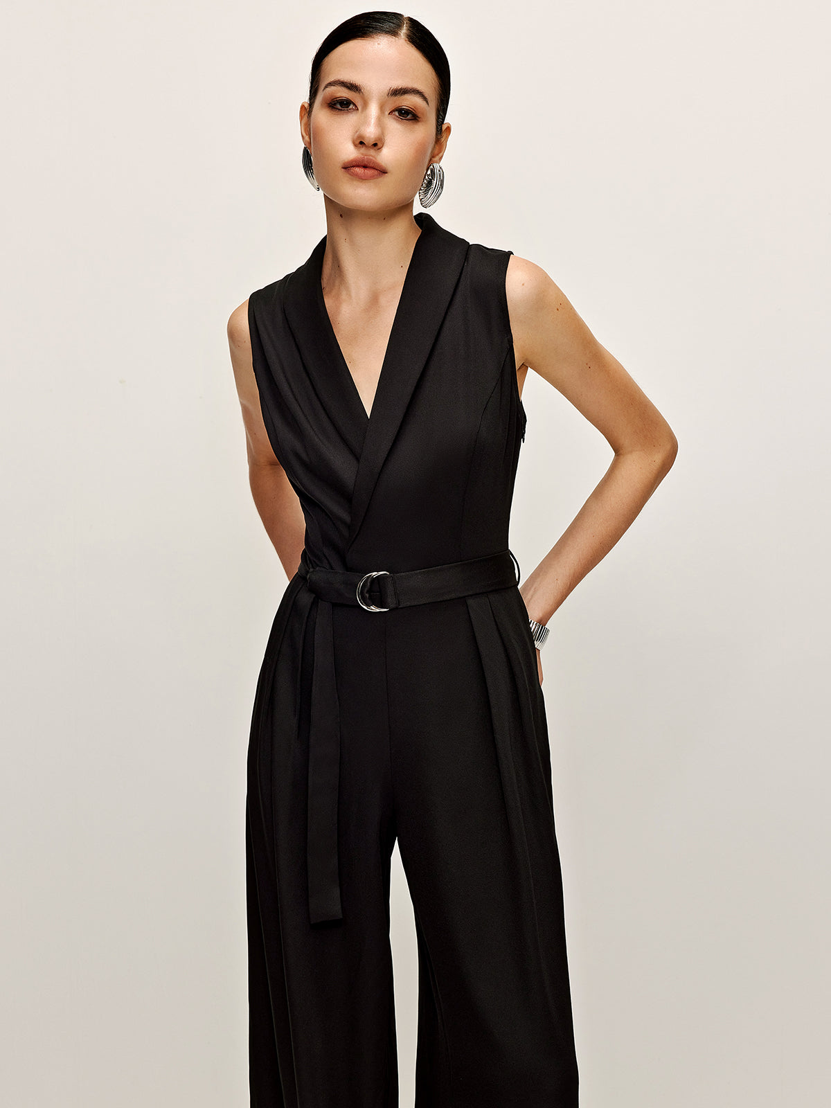 Callistari Plain Panel Sleeveless Belted Jumpsuit-CALLISTARI