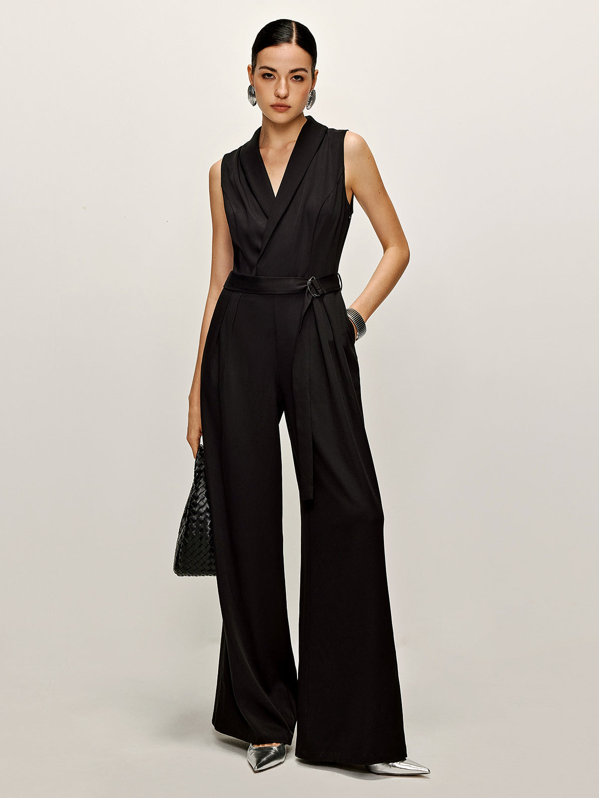 Callistari Plain Panel Sleeveless Belted Jumpsuit-CALLISTARI