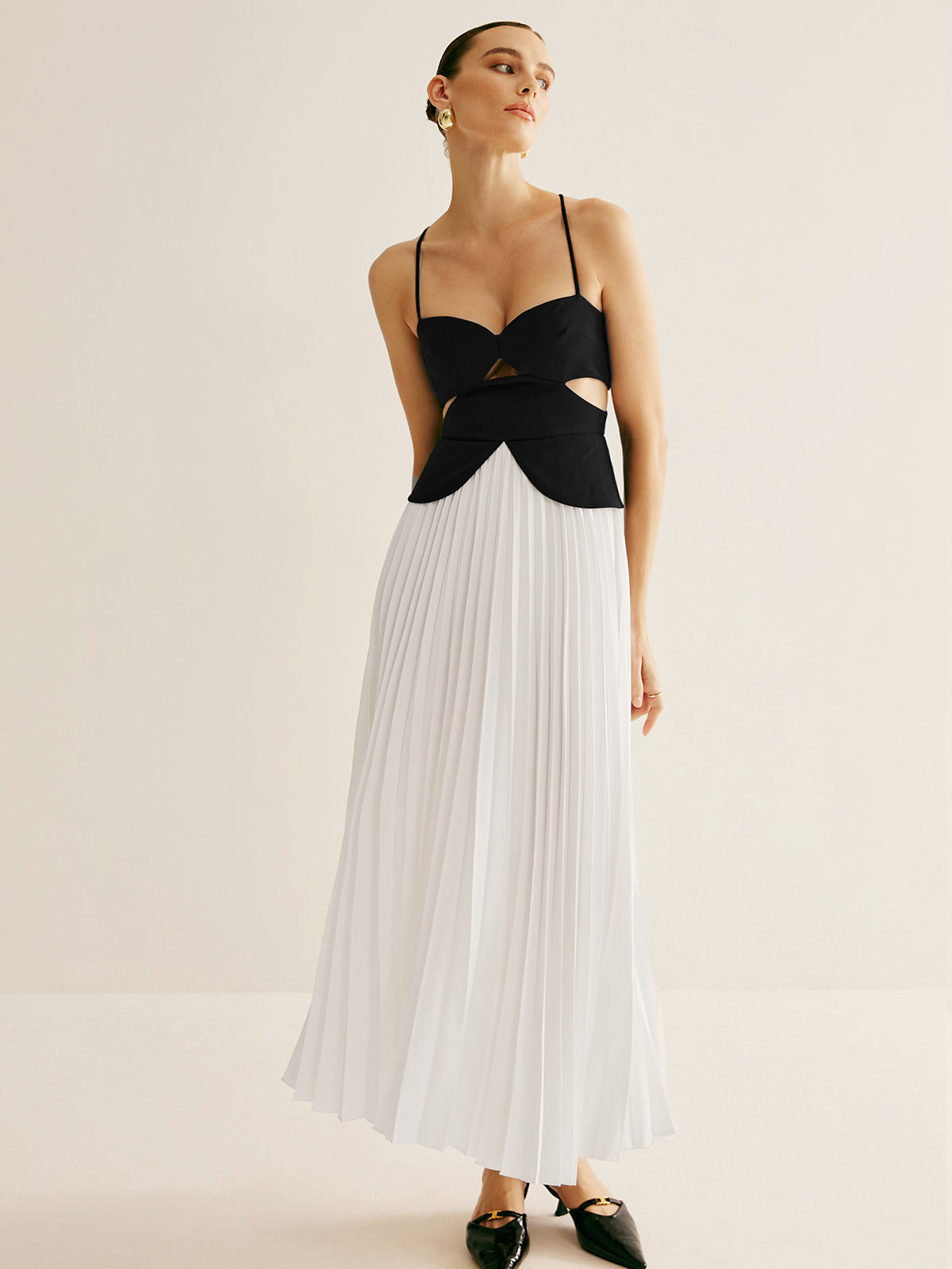 Callistari Two Tone Panel Cutout Pleated Dress-CALLISTARI