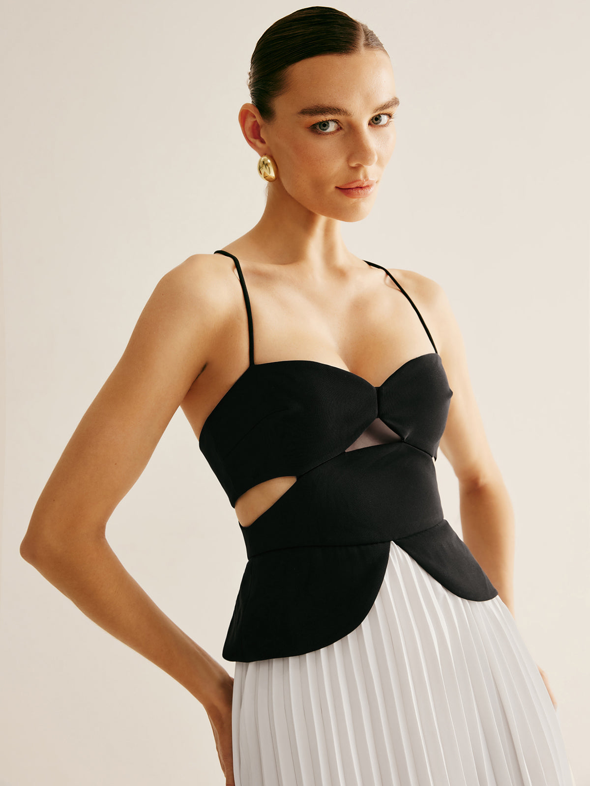 Callistari Two Tone Panel Cutout Pleated Dress-CALLISTARI