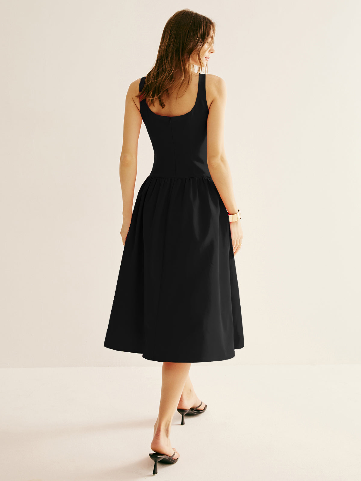 Callistari Square Neck Panel Pleated Dress-CALLISTARI