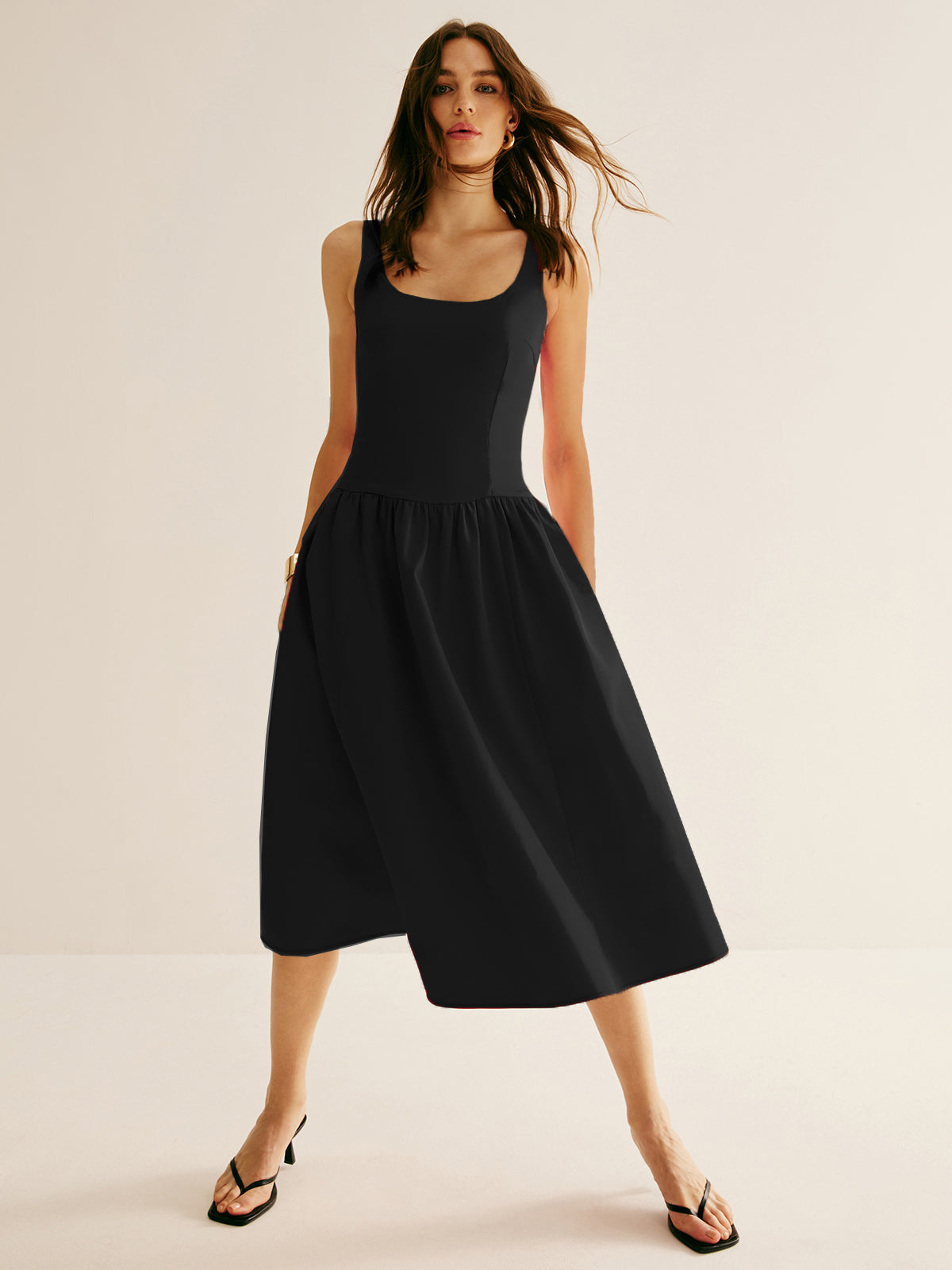 Callistari Square Neck Panel Pleated Dress-CALLISTARI