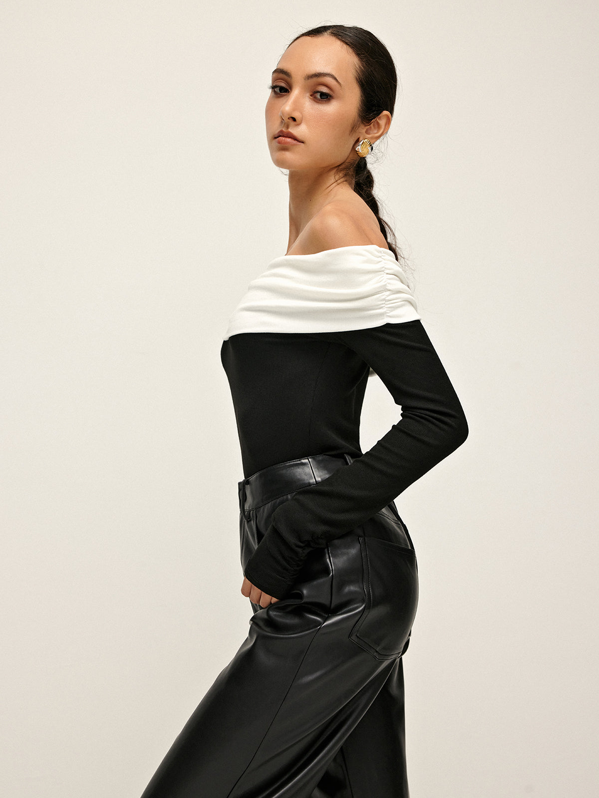 Callistari Cold Shoulder Patchwork Pleated Blouse-CALLISTARI