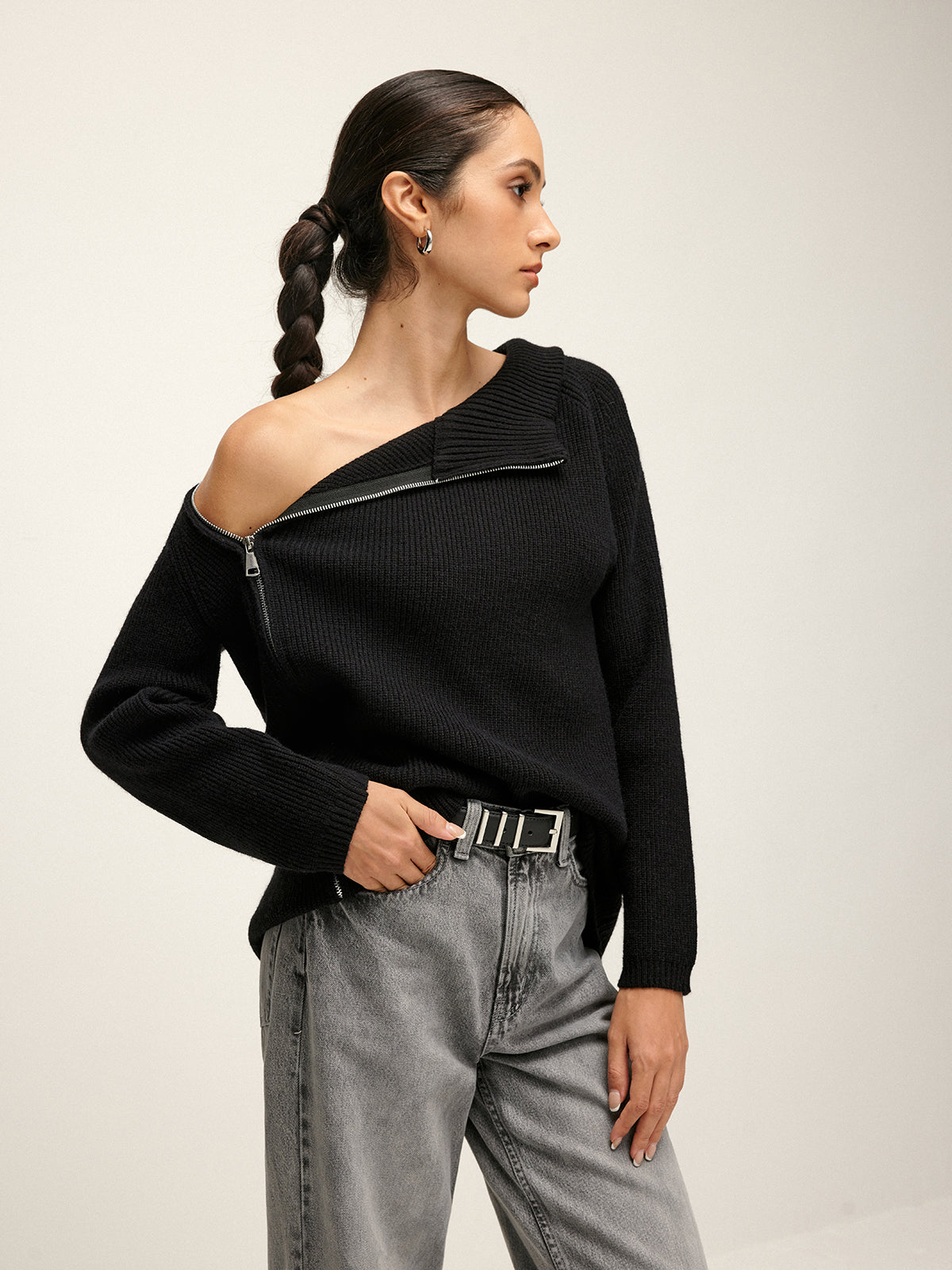 Turtleneck Side Zipper Knit Top-Mesadic