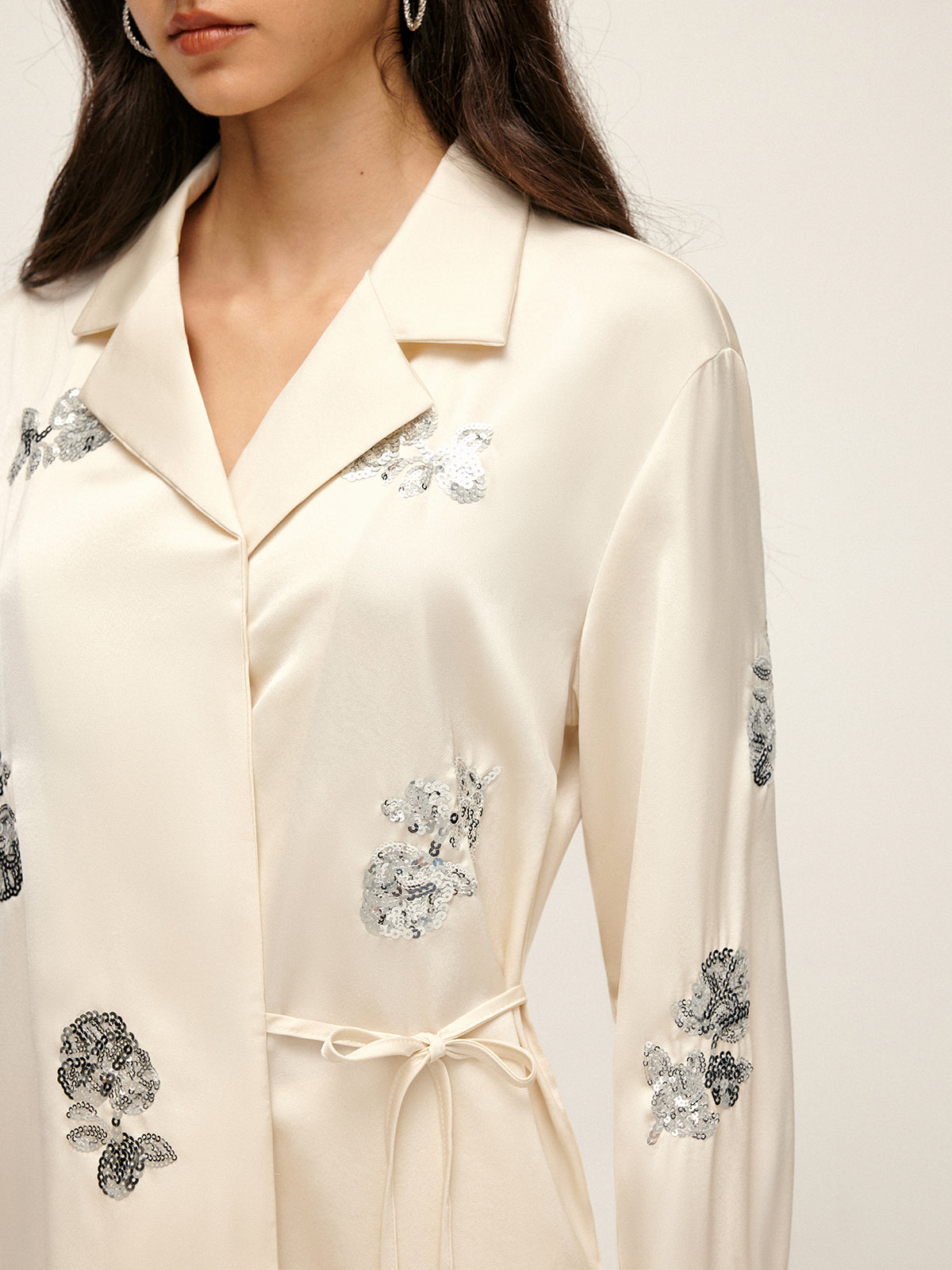 Callistari Sequin Decor Satin Lapel Shirt-CALLISTARI