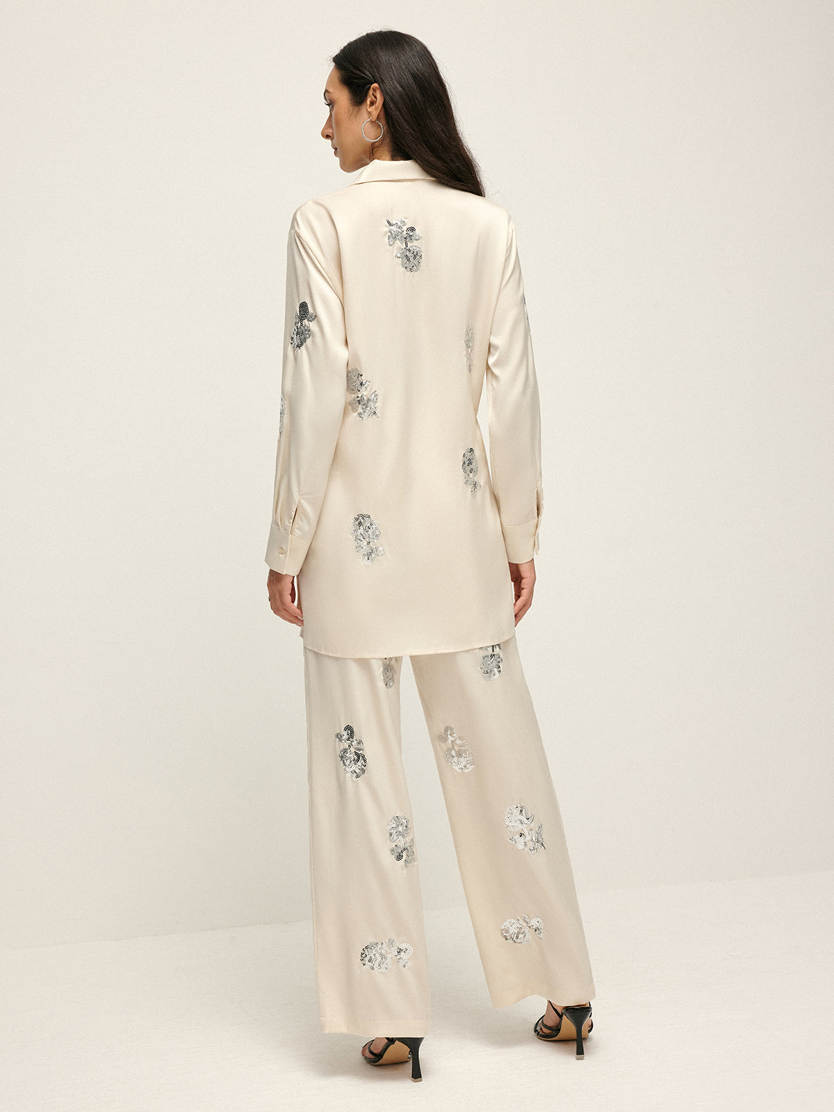 Callistari Sequin Decor Satin Lapel Shirt-CALLISTARI