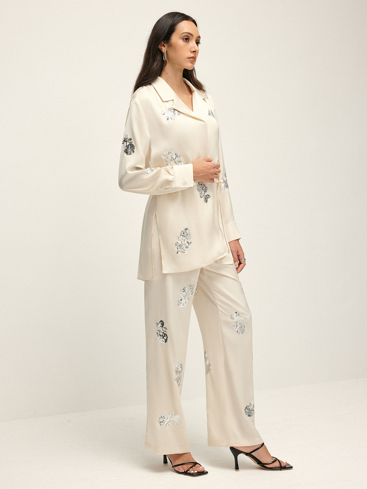 Callistari Sequin Decor Satin Lapel Shirt-CALLISTARI