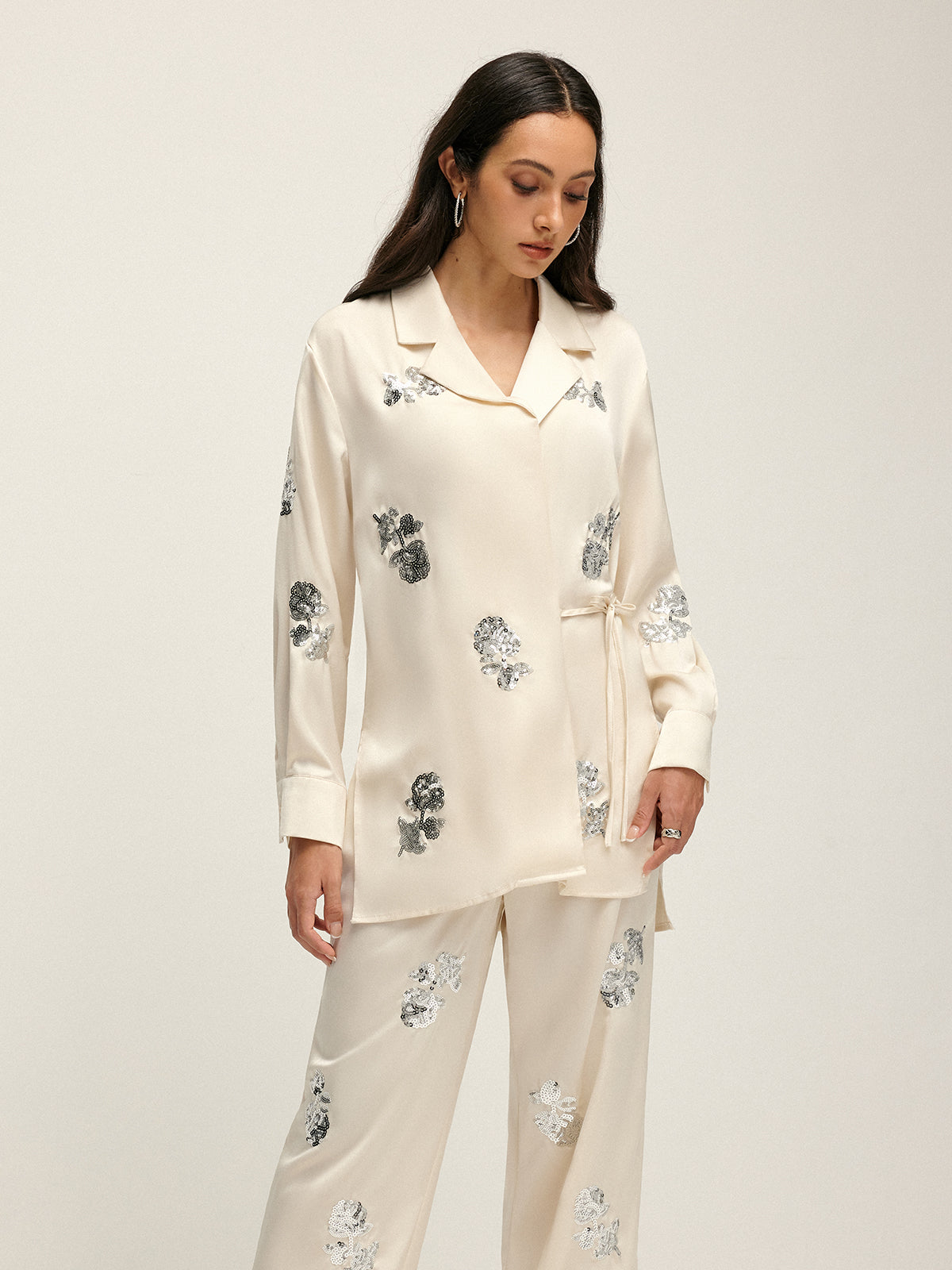 Callistari Sequin Decor Satin Lapel Shirt-CALLISTARI