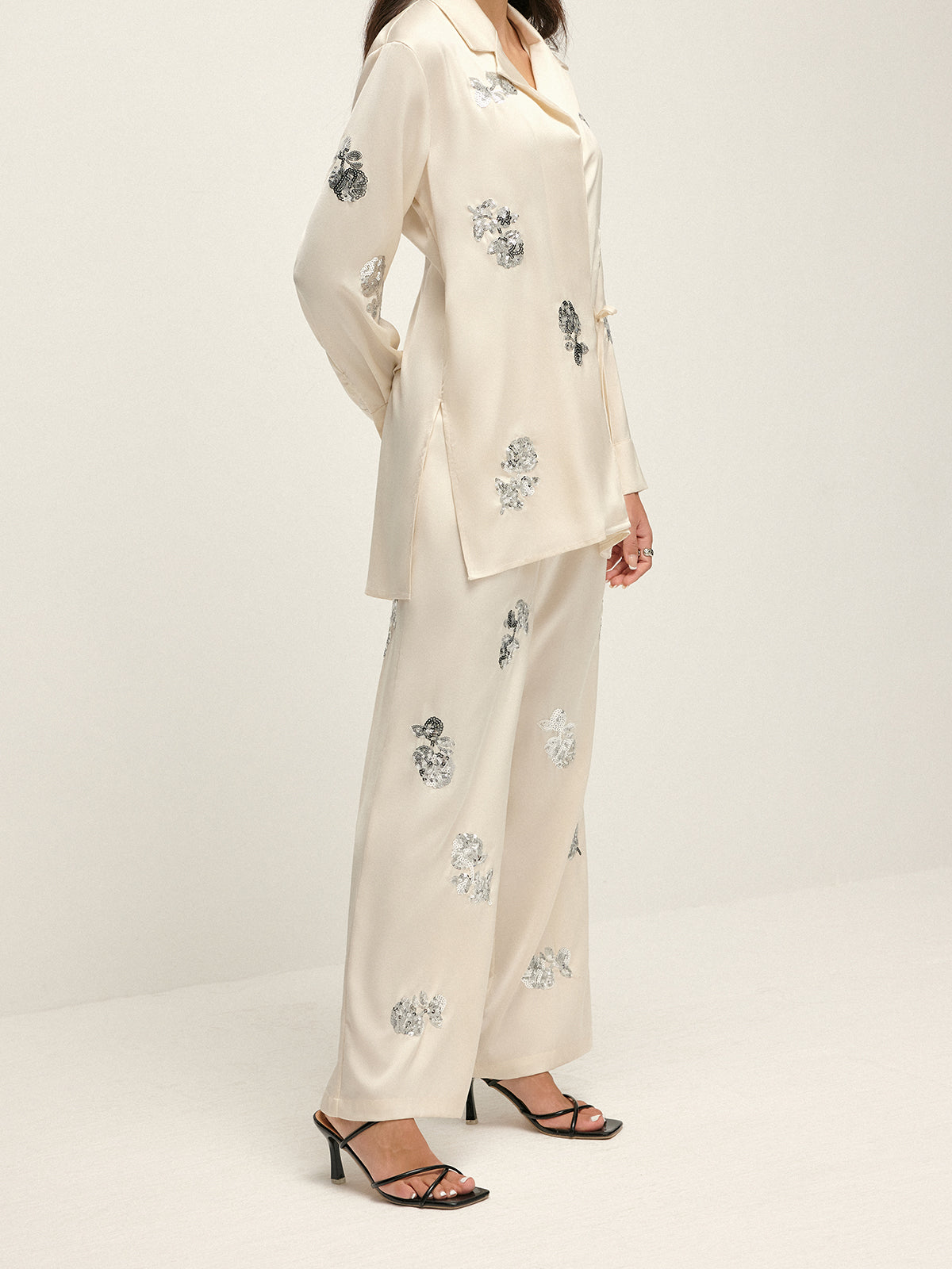 Callistari Sequin Decor Satin Lapel Shirt-CALLISTARI