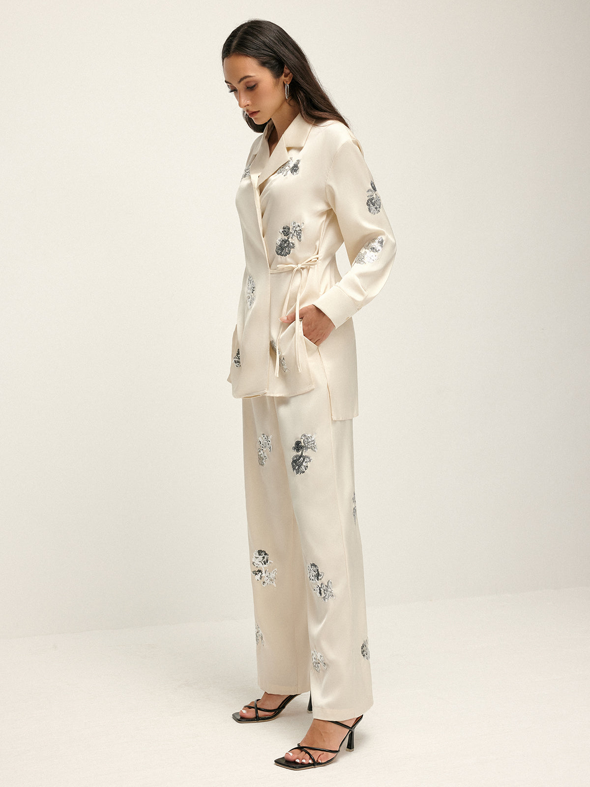 Callistari Sequin Decor Satin Lapel Shirt-CALLISTARI