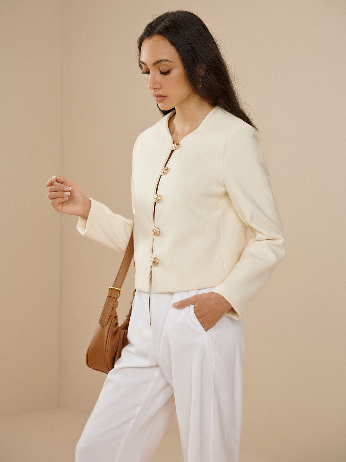 Callistari Crew Neck Plain Metal Button Jacket-CALLISTARI