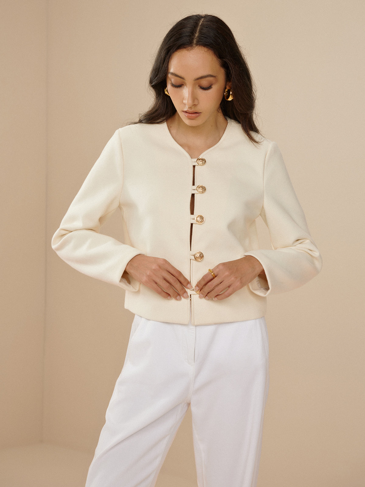 Callistari Crew Neck Plain Metal Button Jacket-CALLISTARI