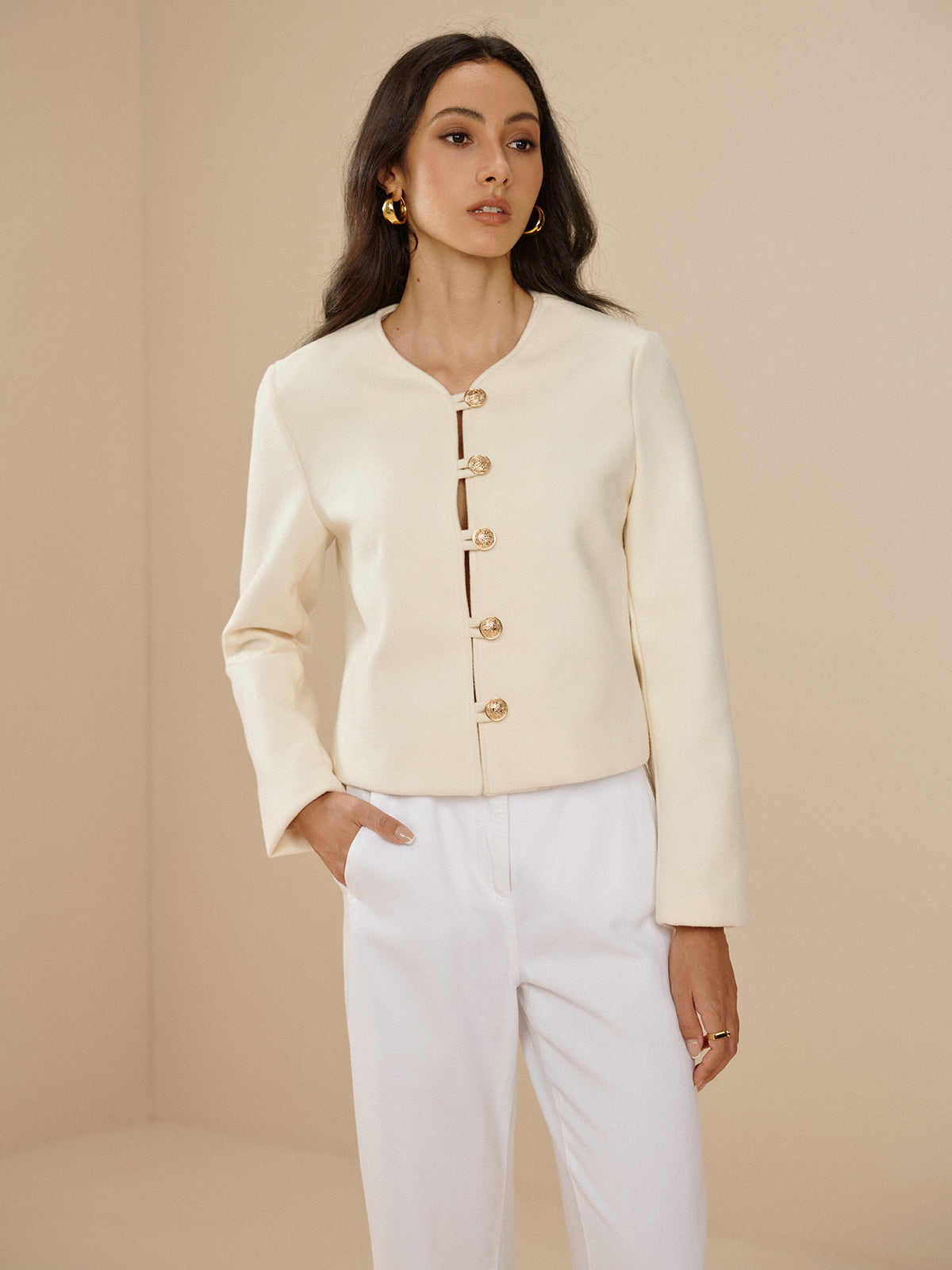 Callistari Crew Neck Plain Metal Button Jacket-CALLISTARI