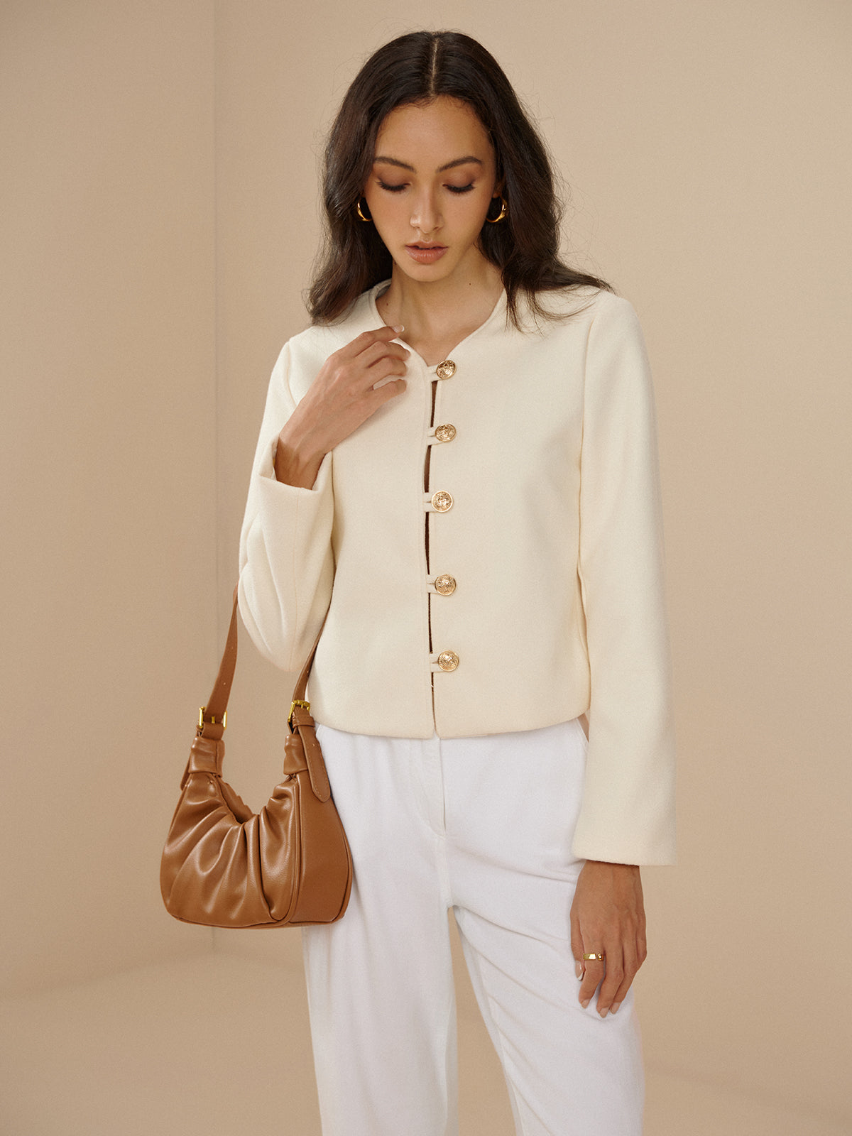 Callistari Crew Neck Plain Metal Button Jacket-CALLISTARI