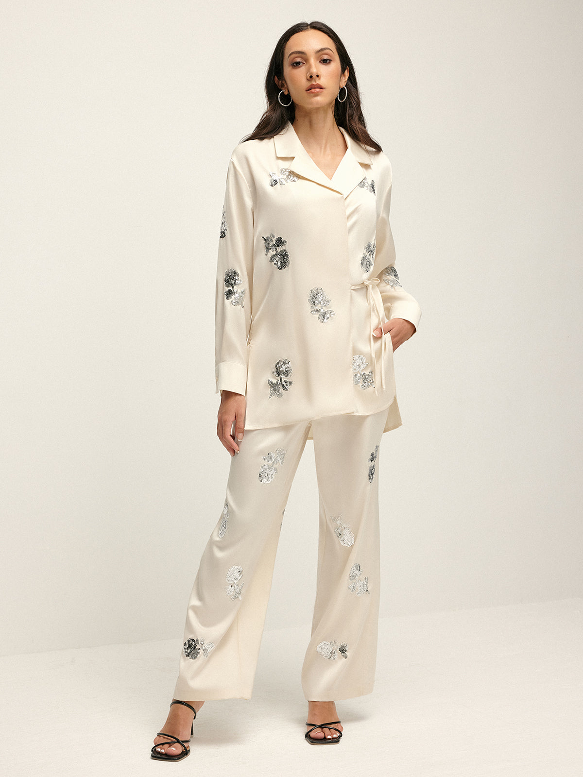 Callistari Sequin Decor Satin High-Waist Pants-CALLISTARI