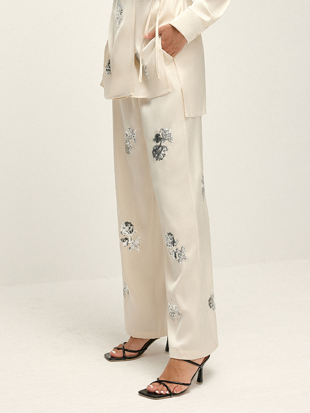 Callistari Sequin Decor Satin High-Waist Pants-CALLISTARI