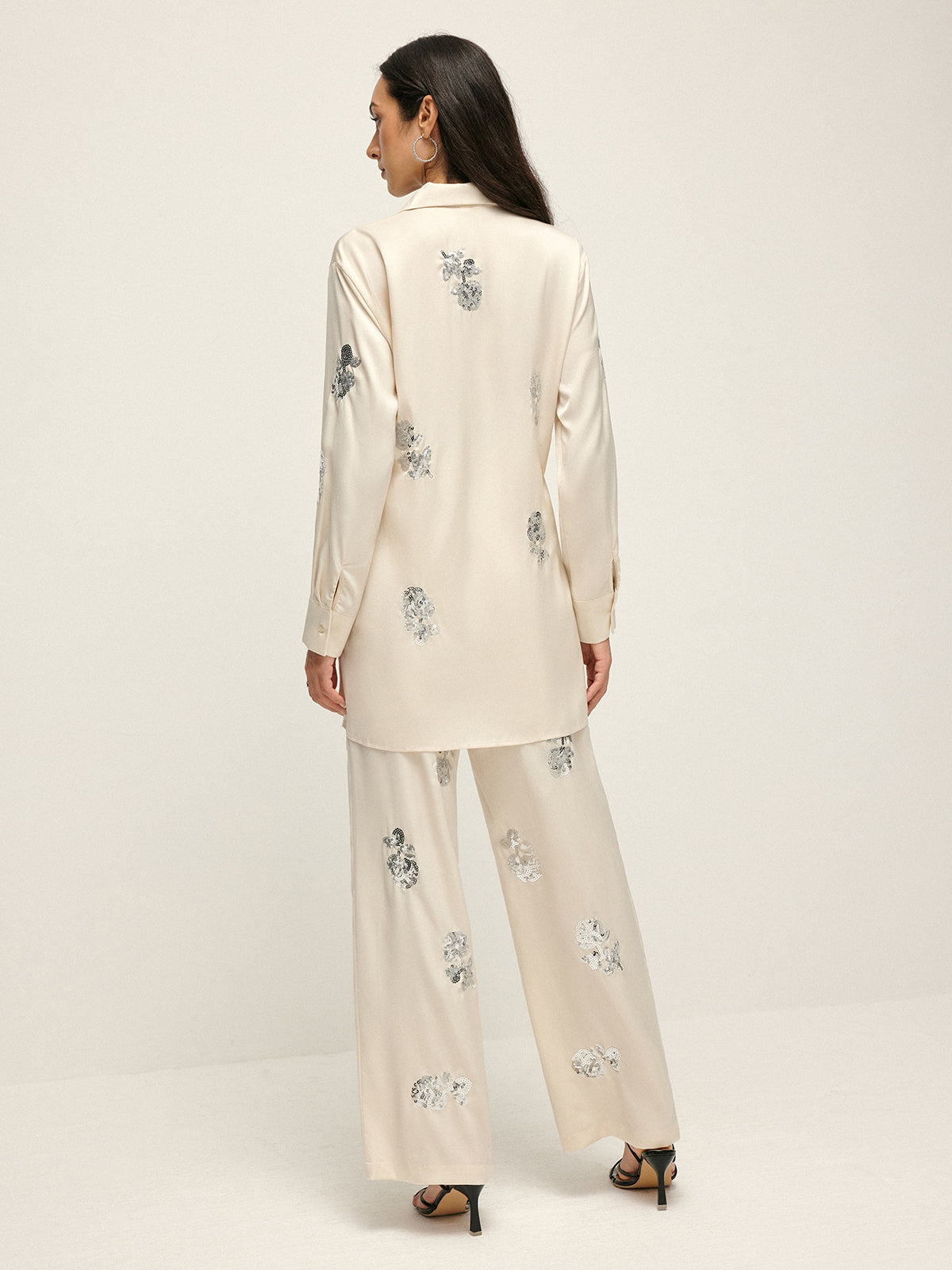 Callistari Sequin Decor Satin High-Waist Pants-CALLISTARI