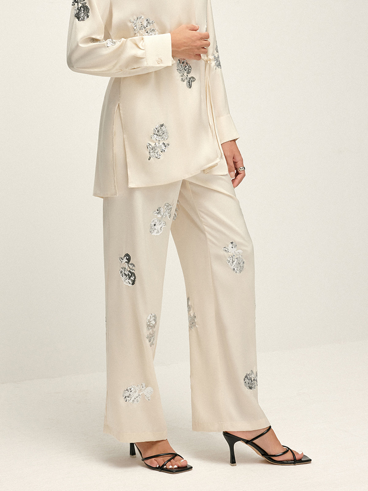 Callistari Sequin Decor Satin High-Waist Pants-CALLISTARI