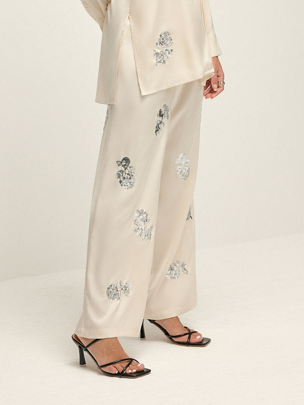 Callistari Sequin Decor Satin High-Waist Pants-CALLISTARI