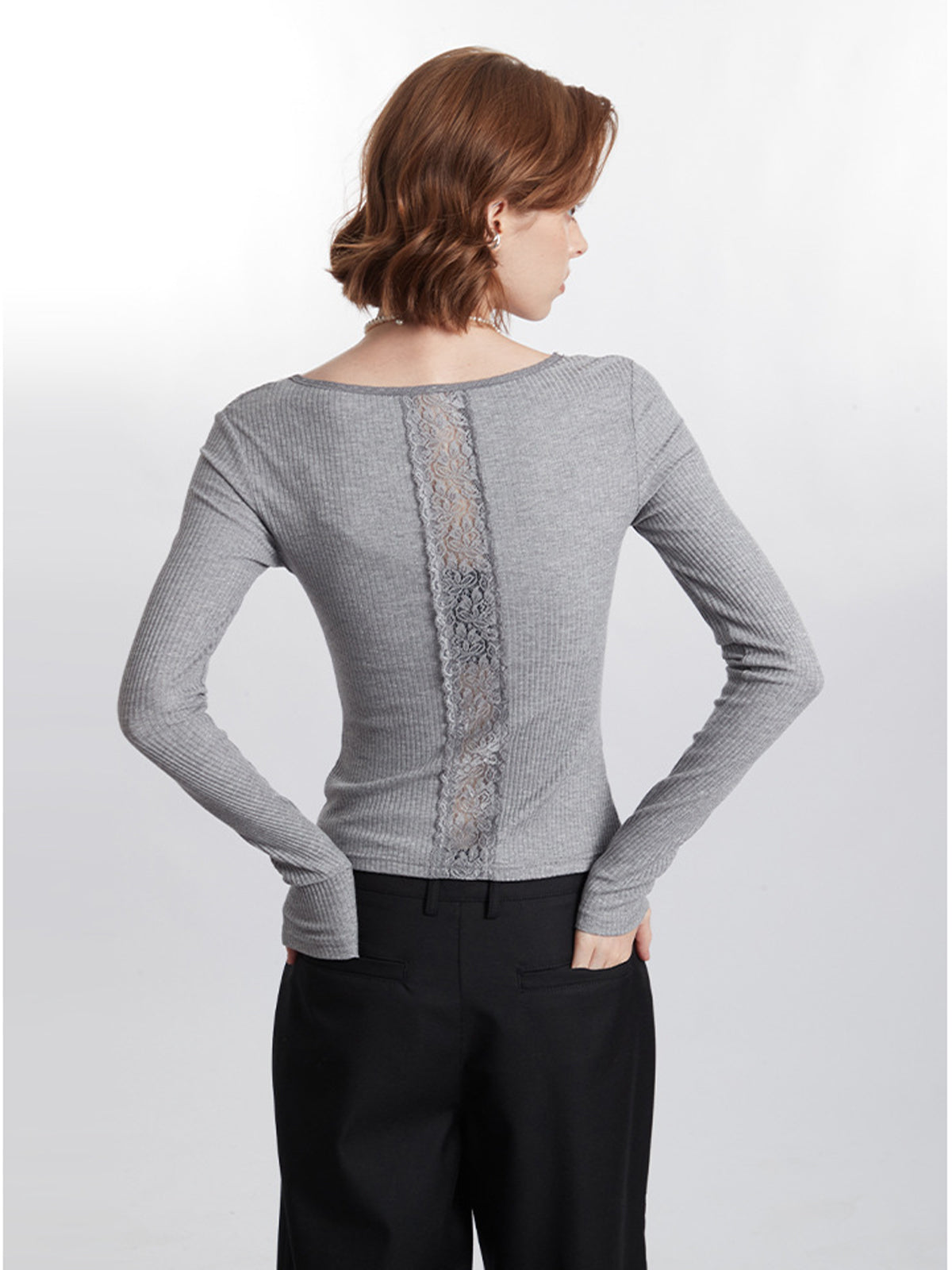 Callistari Ribbed Panel Lace Slim Blouse-CALLISTARI