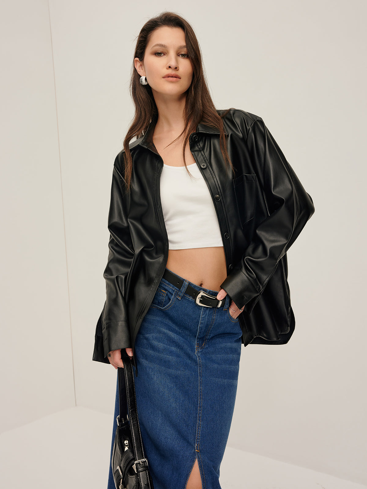 Callistari Plain Faux Leather Lapel Shirt-CALLISTARI