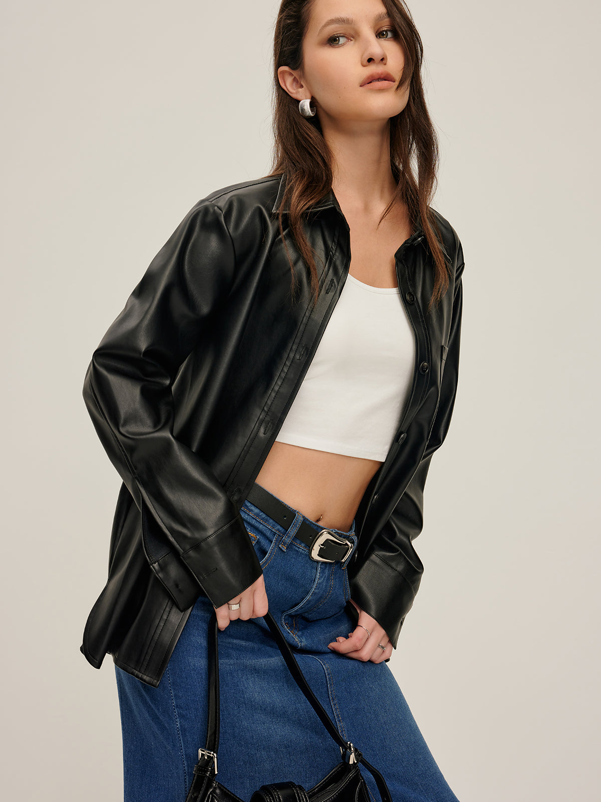 Callistari Plain Faux Leather Lapel Shirt-CALLISTARI